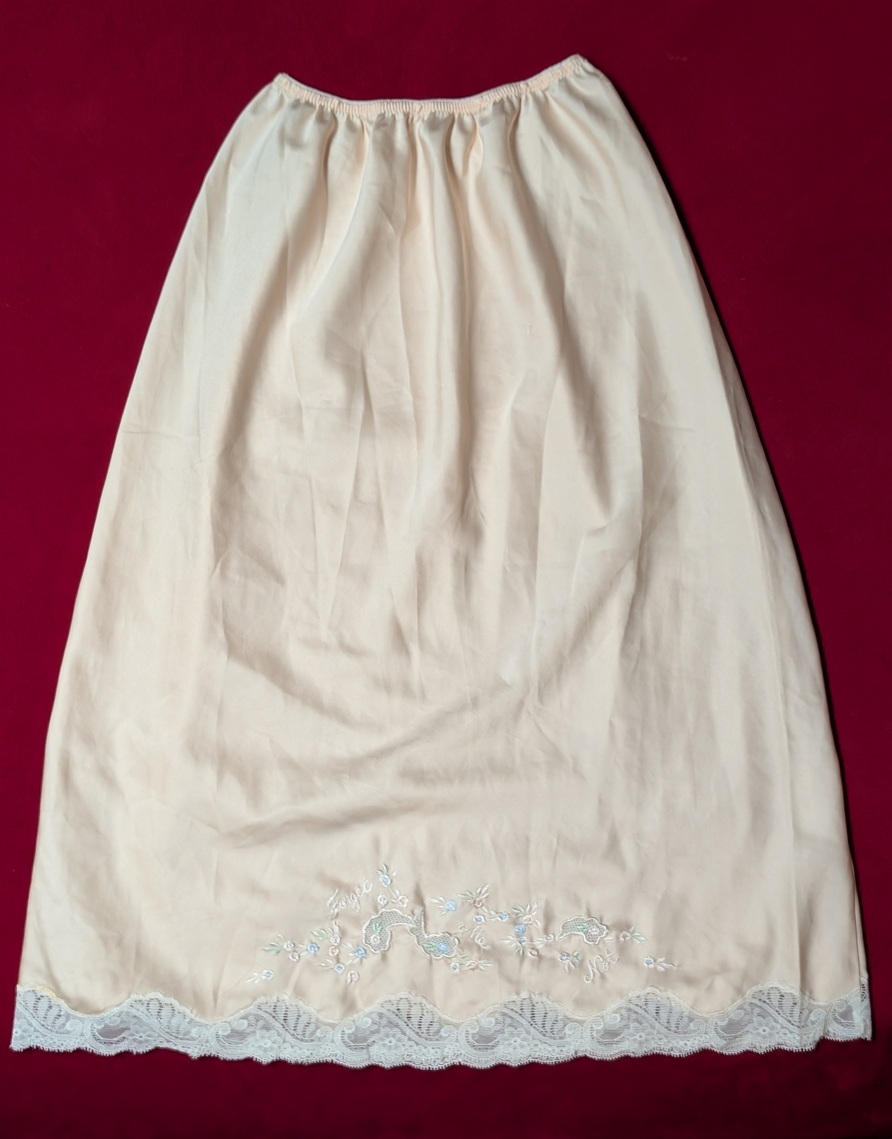 Vintage Peach & Cream Embroidered "Forget Me Not" Satin Slip Skirt in Medium