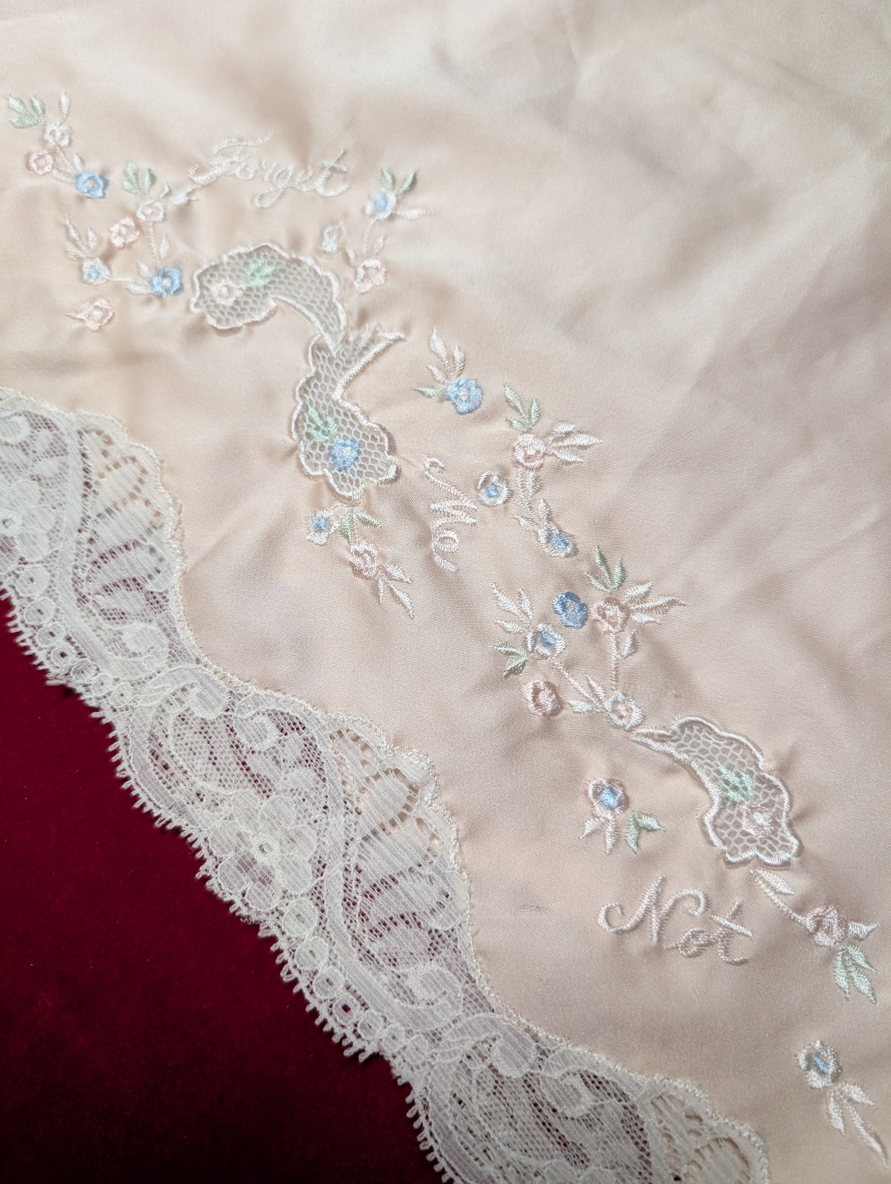 Vintage Peach & Cream Embroidered "Forget Me Not" Satin Slip Skirt in Medium