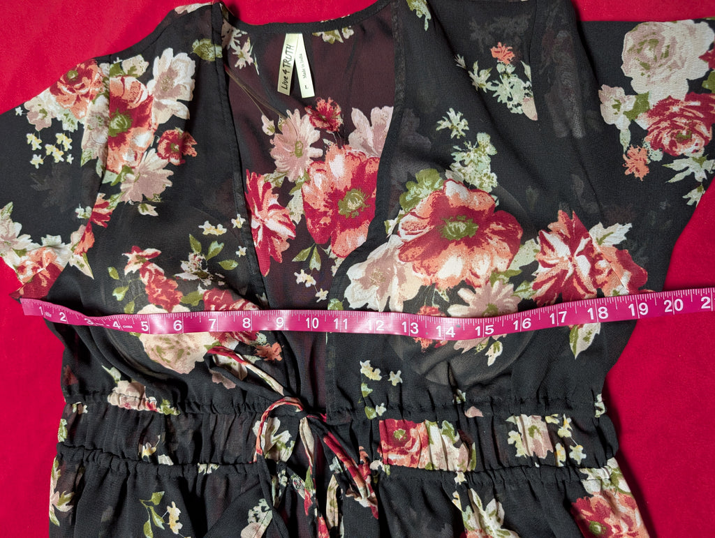 Floral Black Short Sleeved Asymmetrical Tie Front Robe Large