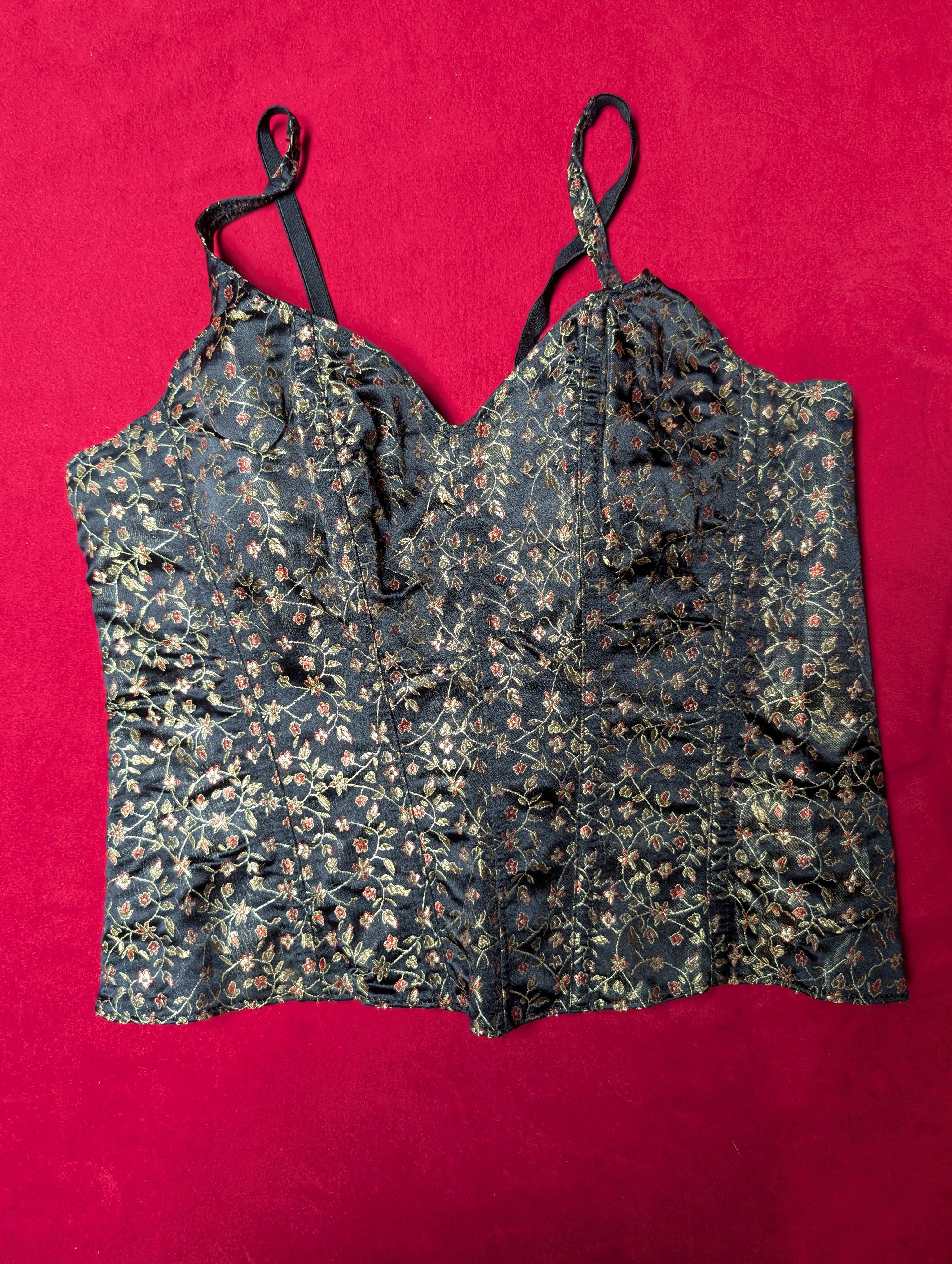 Vintage Gold Floral on Black Medieval Bustier Corset Medium