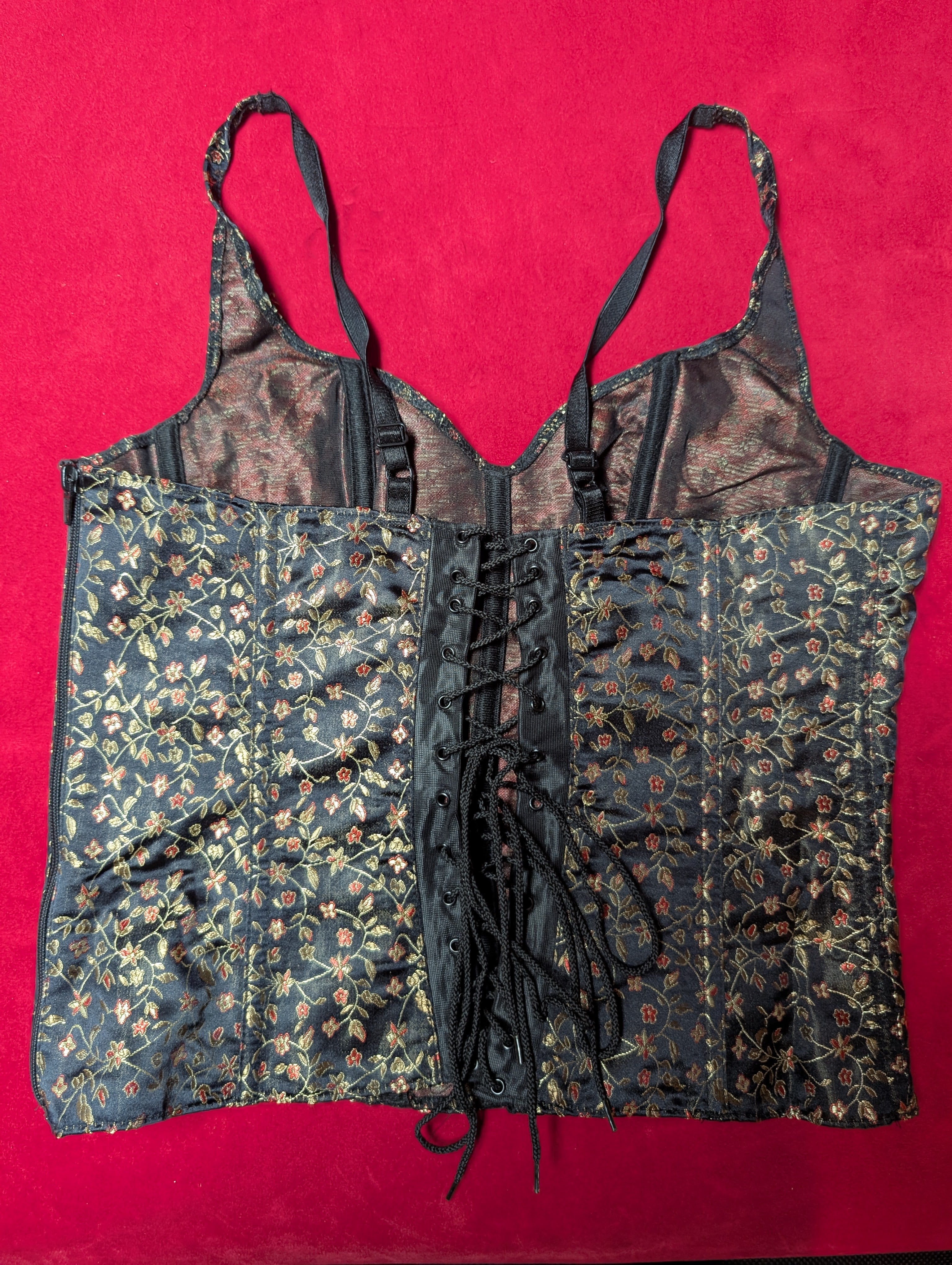 Vintage Gold Floral on Black Medieval Bustier Corset Medium