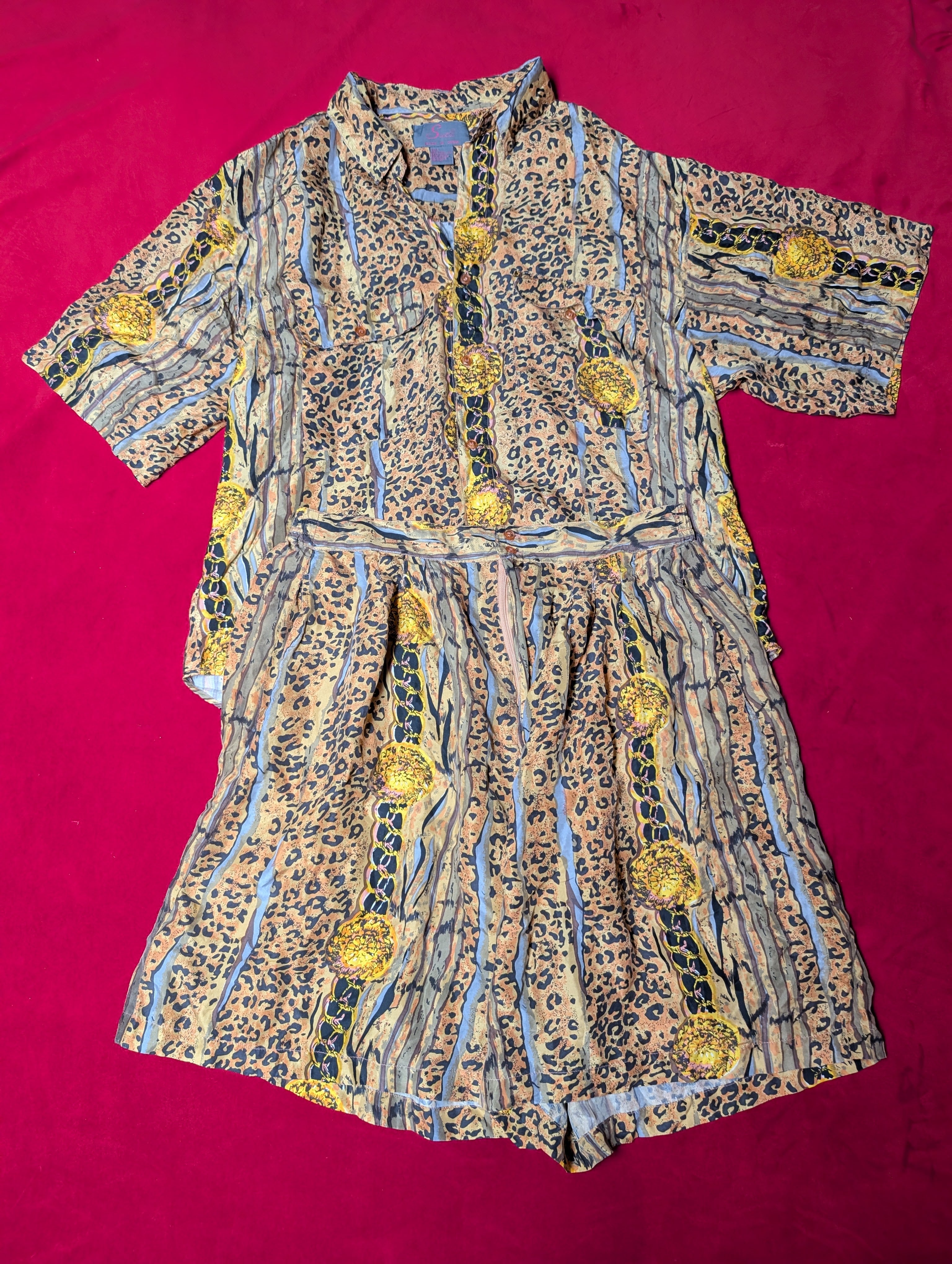 Vintage 100% Pure Silk Pajamas Button Shirt & Shorts Set in Large