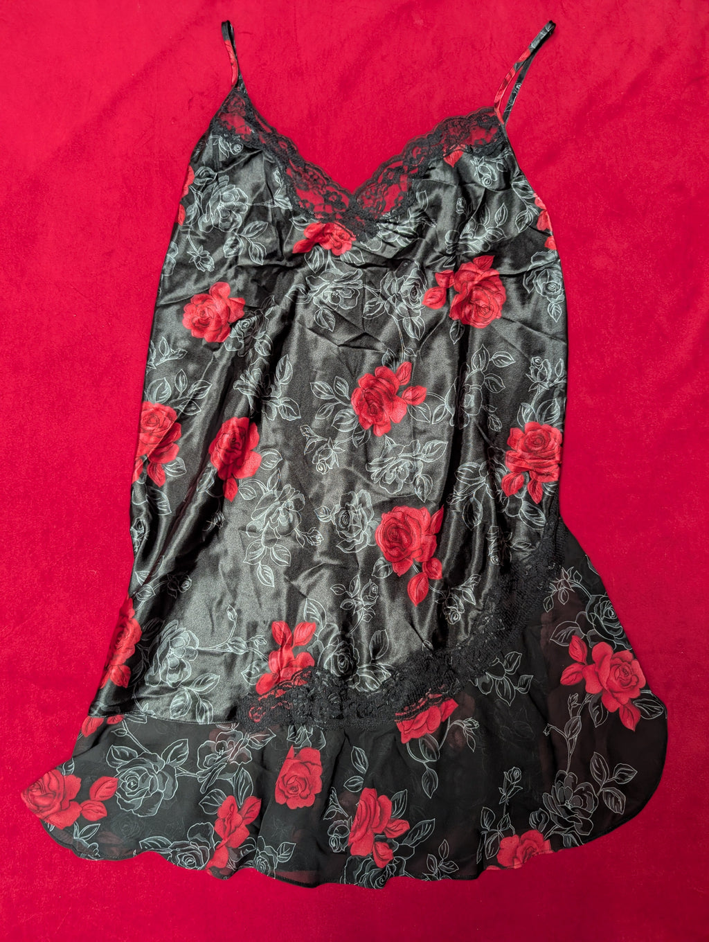 Secret Treasures Satin Mini Slip Cress Babydoll Chemise in Black with Roses XL