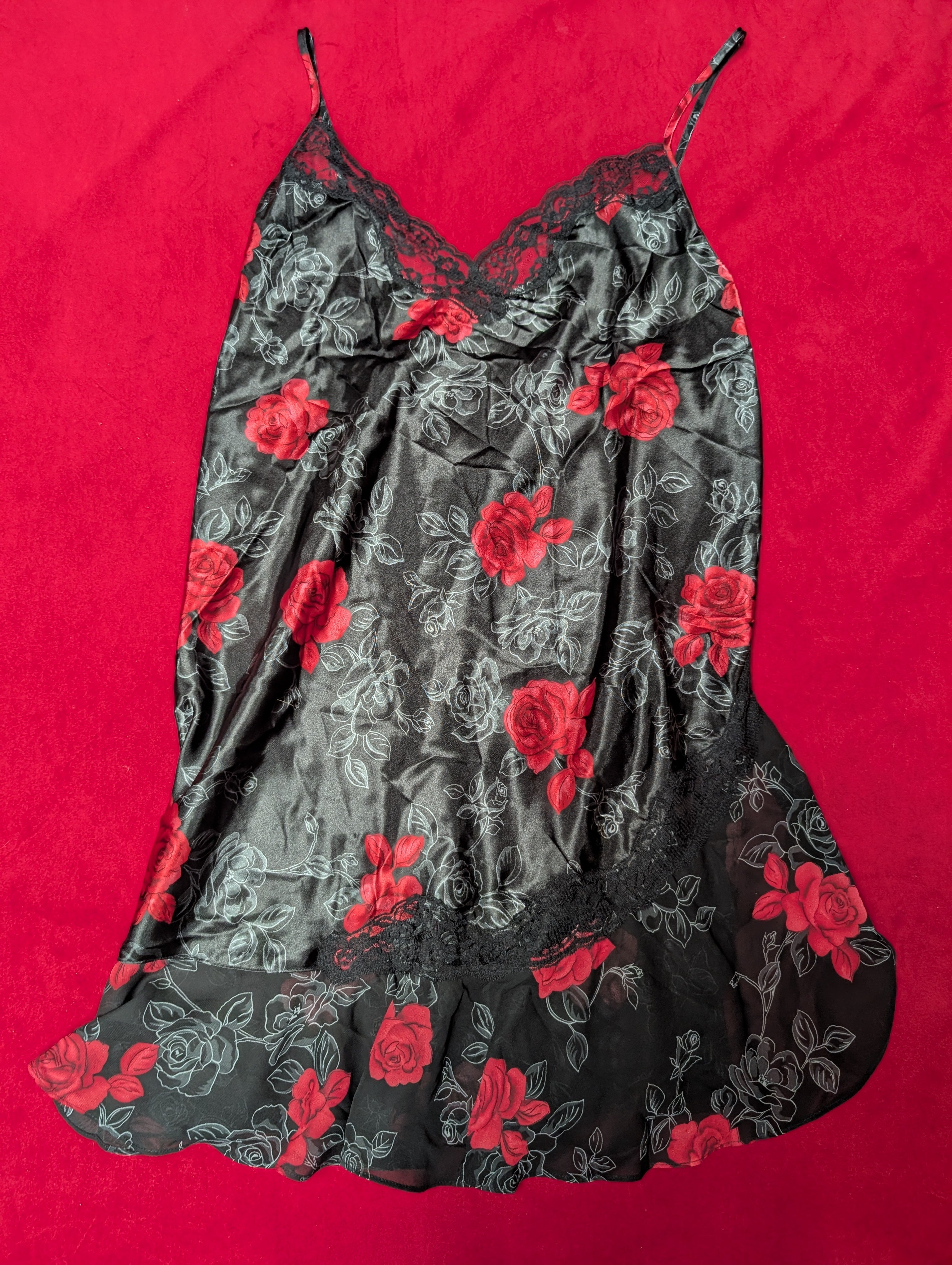Secret Treasures Satin Mini Slip Cress Babydoll Chemise in Black with Roses XL