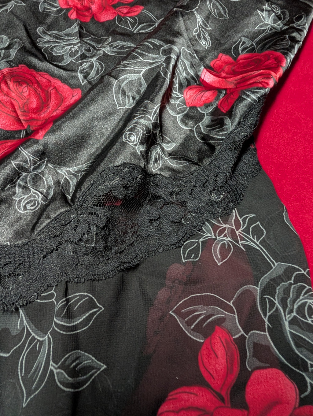 Secret Treasures Satin Mini Slip Cress Babydoll Chemise in Black with Roses XL