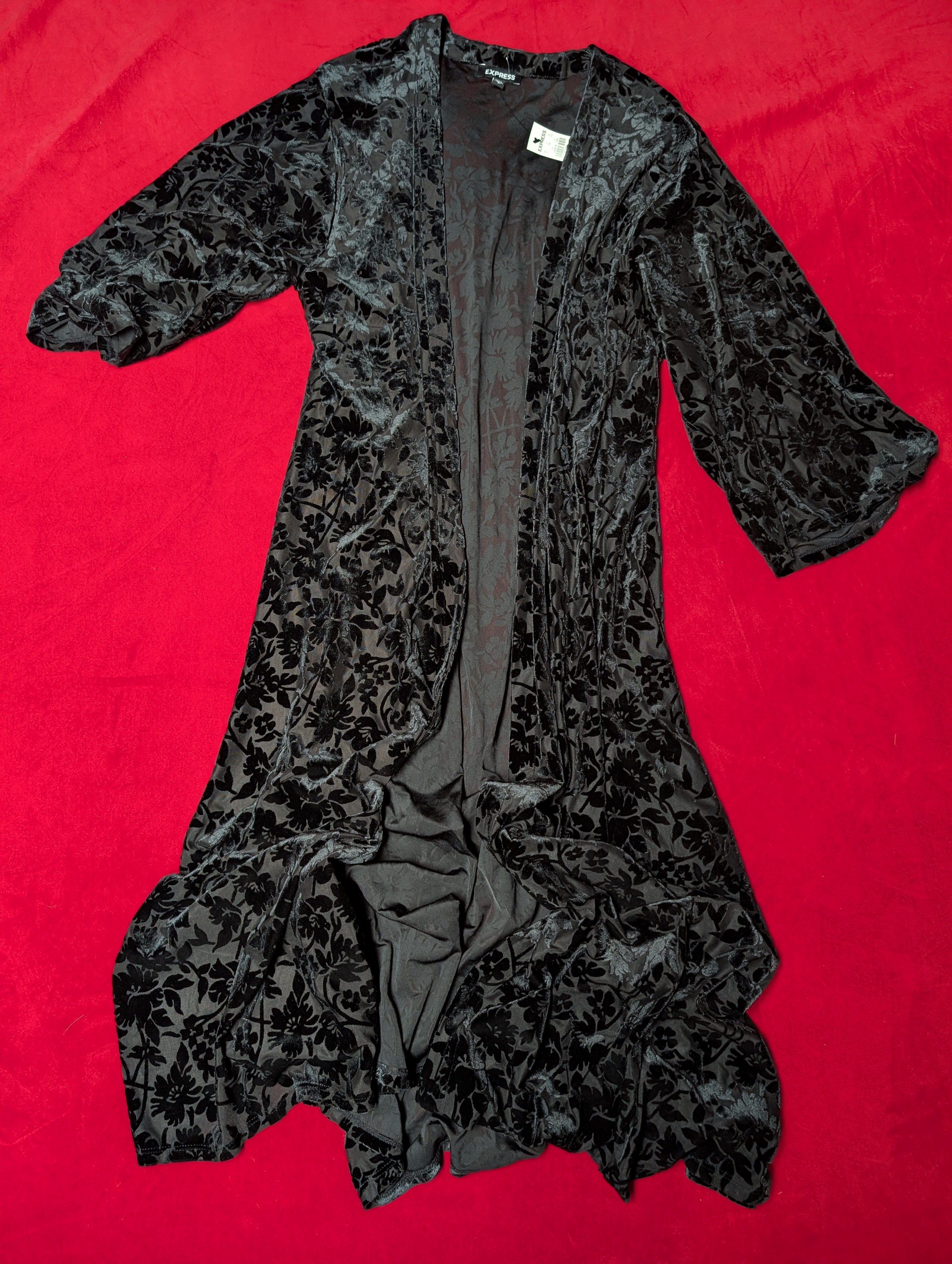 Black Floral Burnout Velvet Open Robe Maxi Cardigan Small