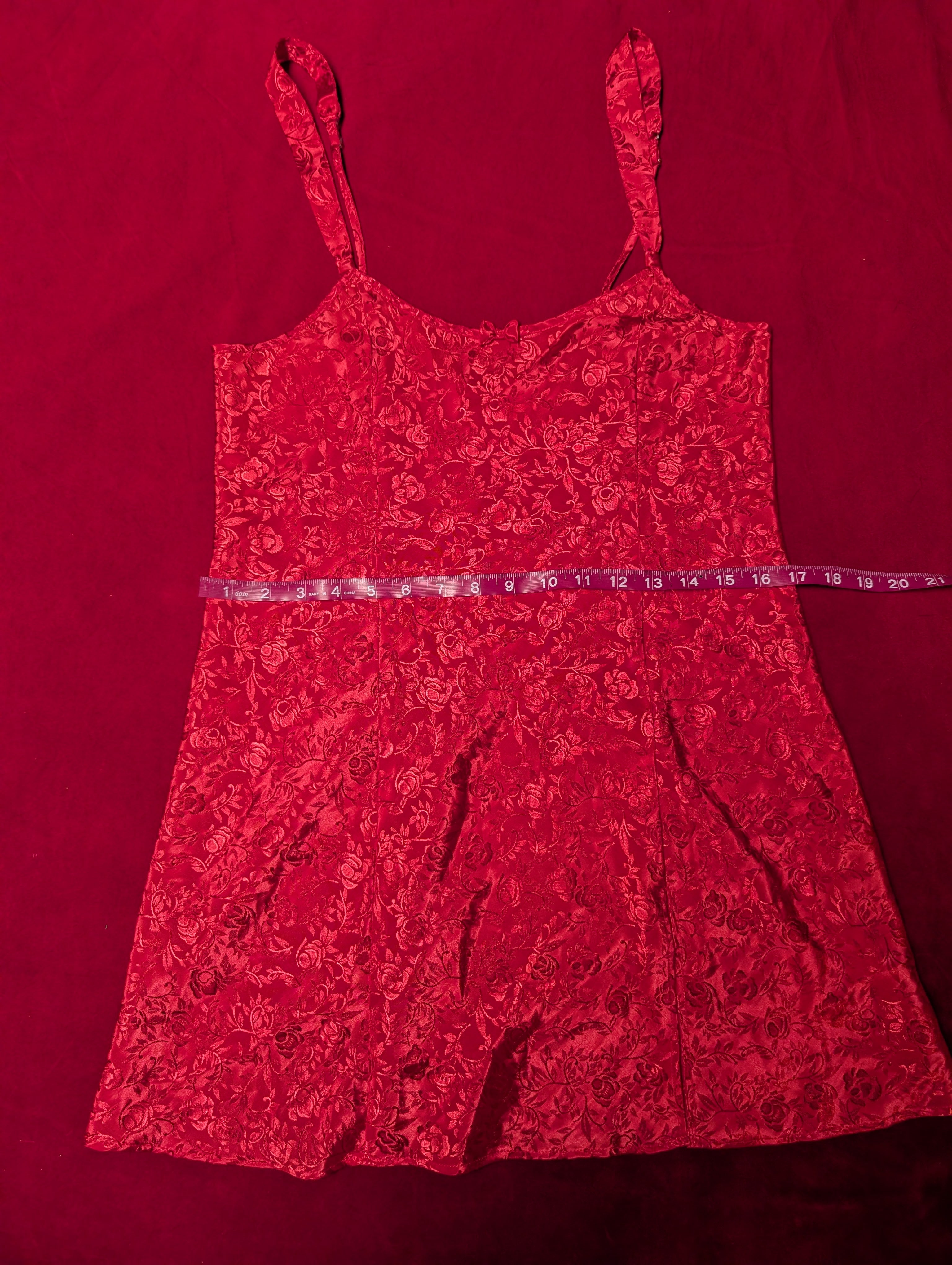 Vibrant Red Rose Floral Satin Babydoll Slip Chemise Large