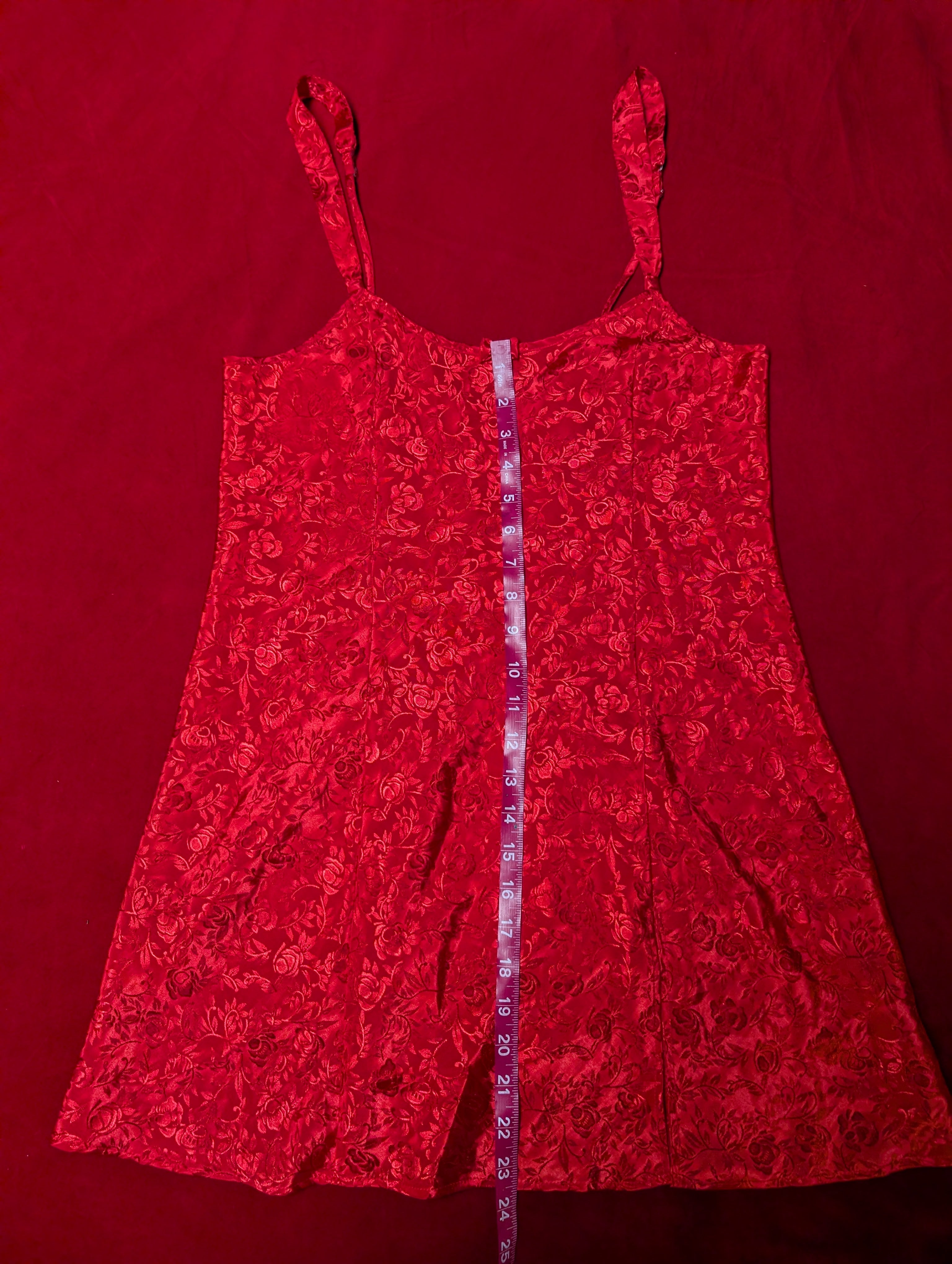 Vibrant Red Rose Floral Satin Babydoll Slip Chemise Large