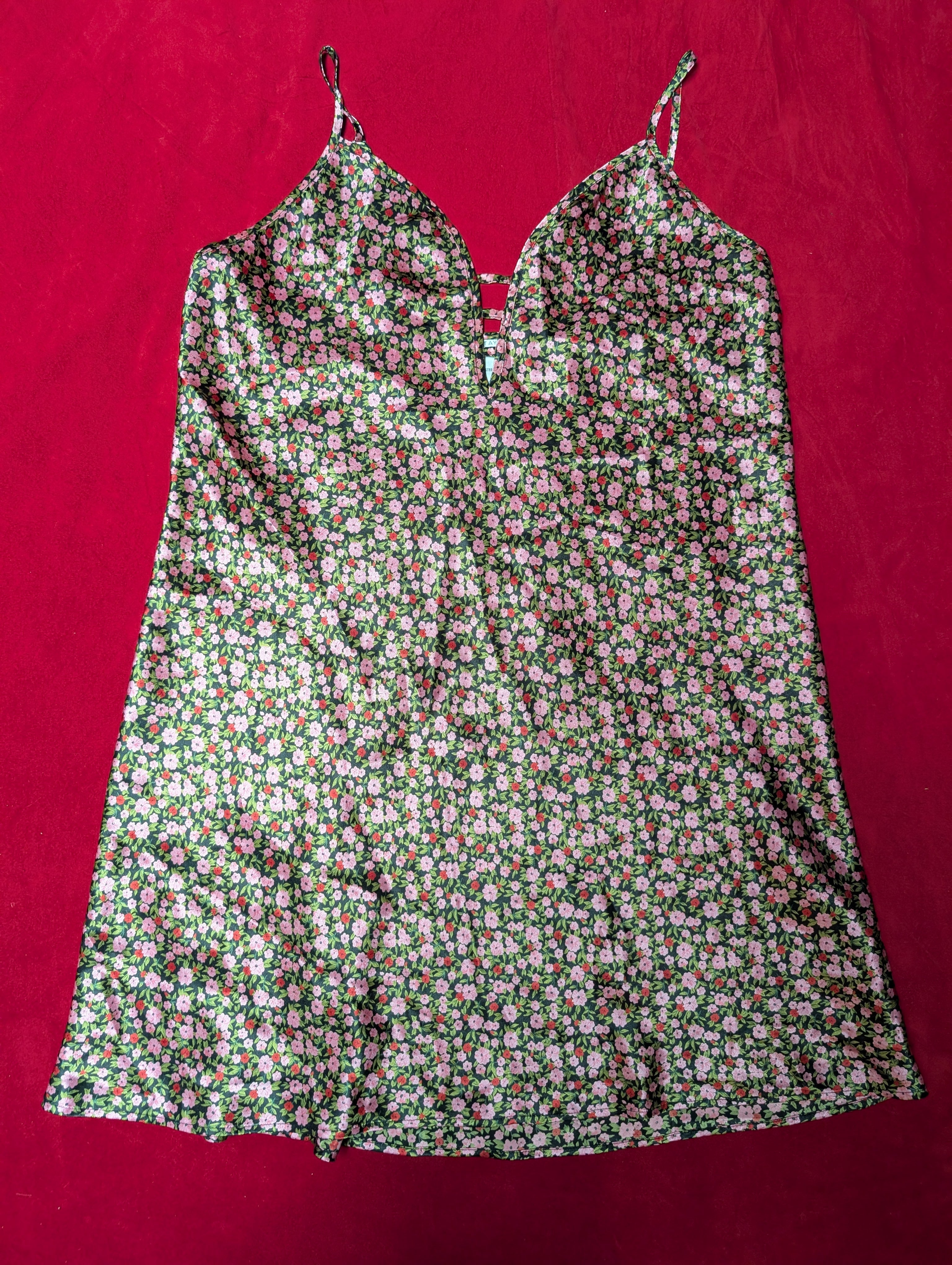 Floral Strappy Satin Mini Slip Dress Chemise Medium
