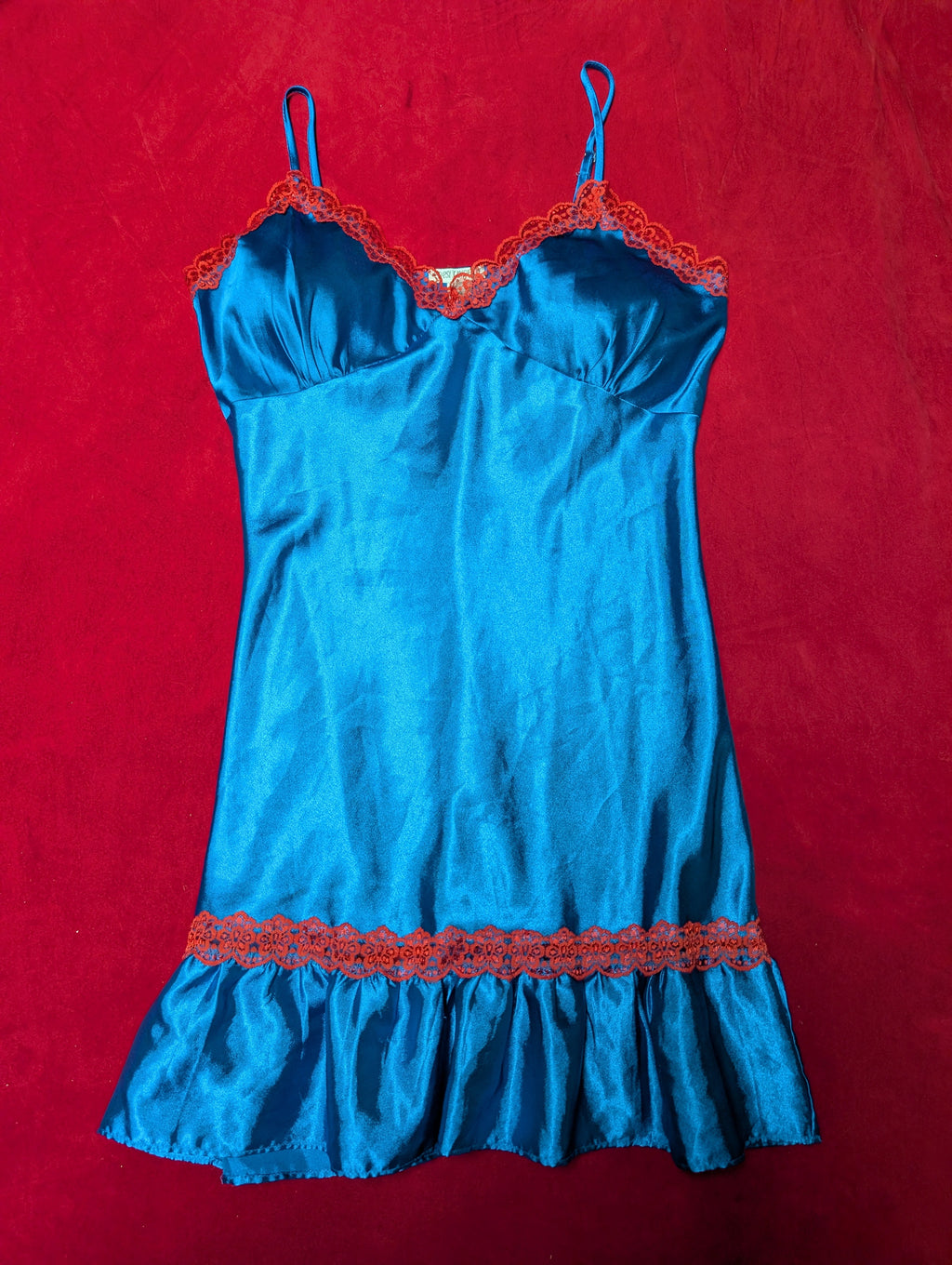 Stunning Blue Satin Chemise with Red Lace Trim Small