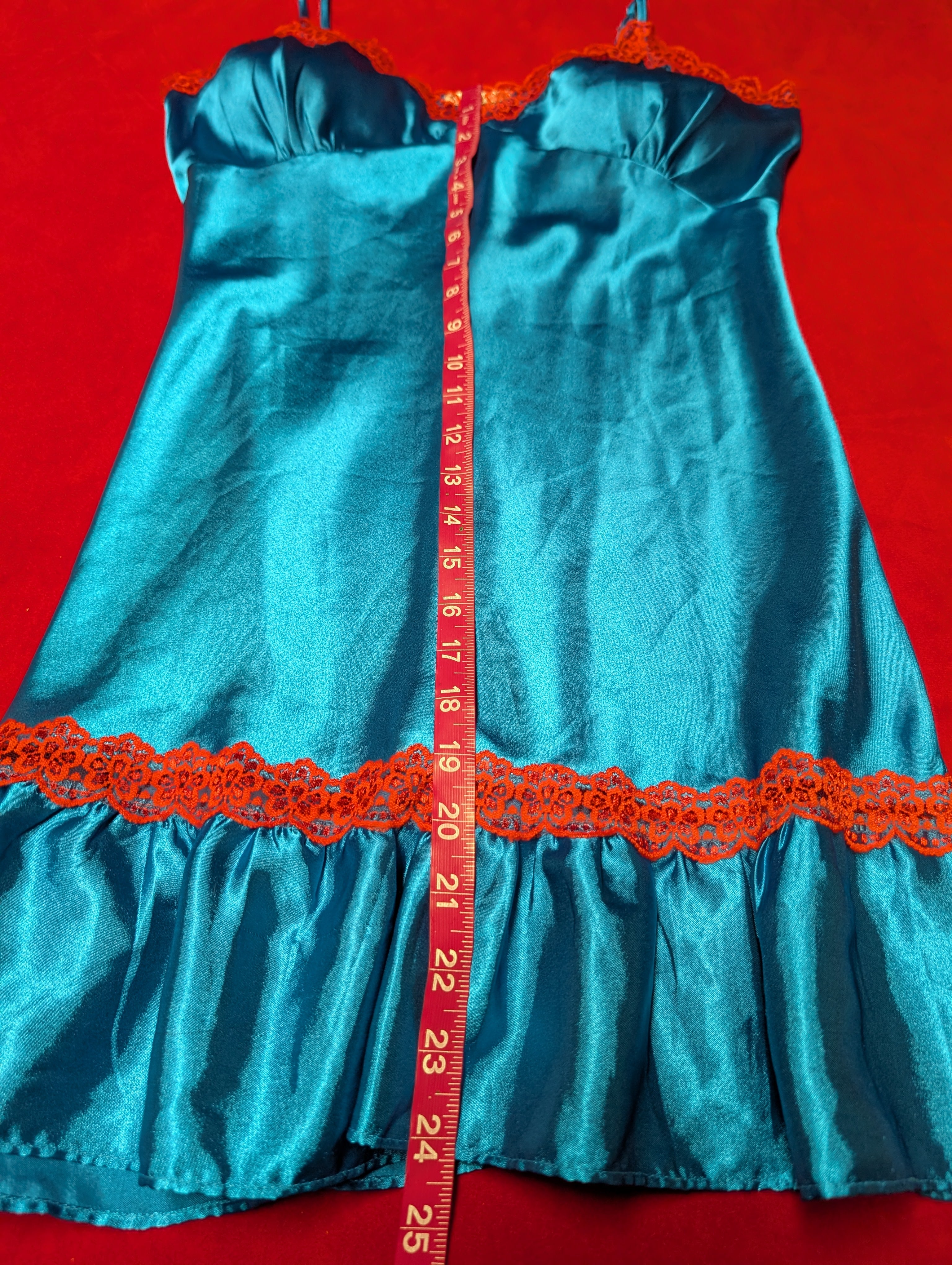 Stunning Blue Satin Chemise with Red Lace Trim Small