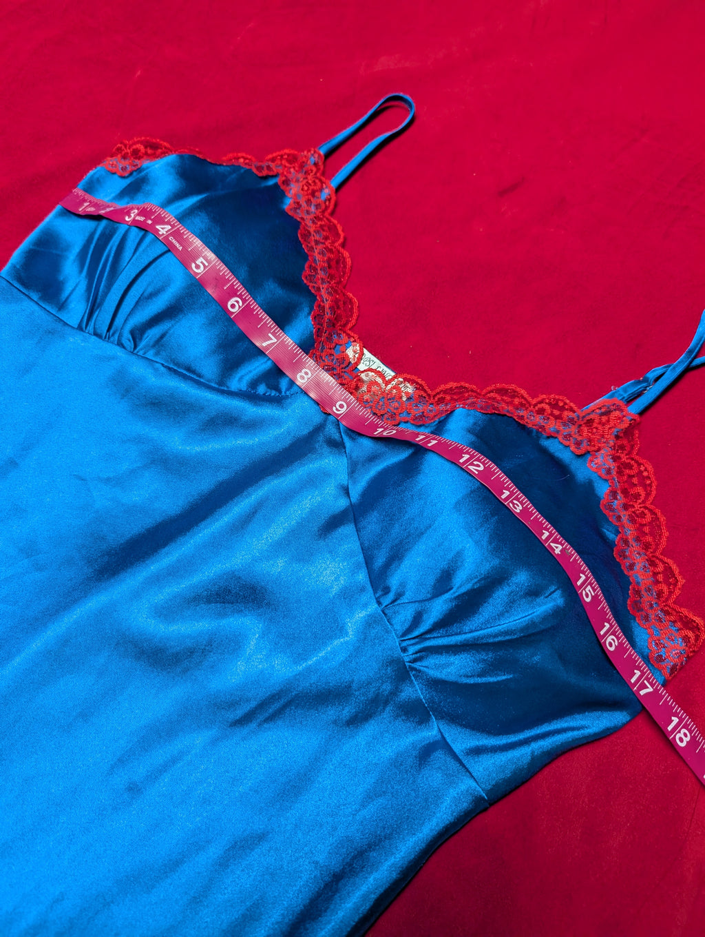 Stunning Blue Satin Chemise with Red Lace Trim Small