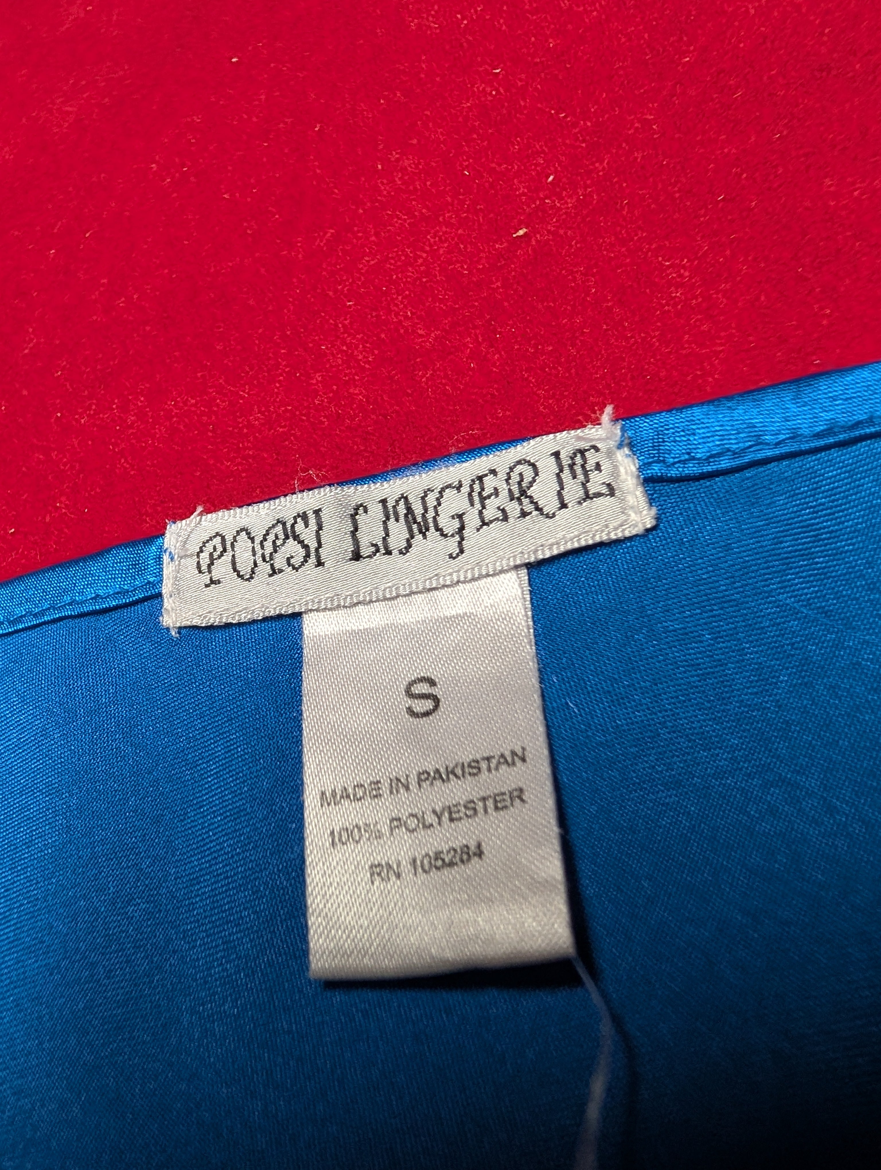 Stunning Blue Satin Chemise with Red Lace Trim Small