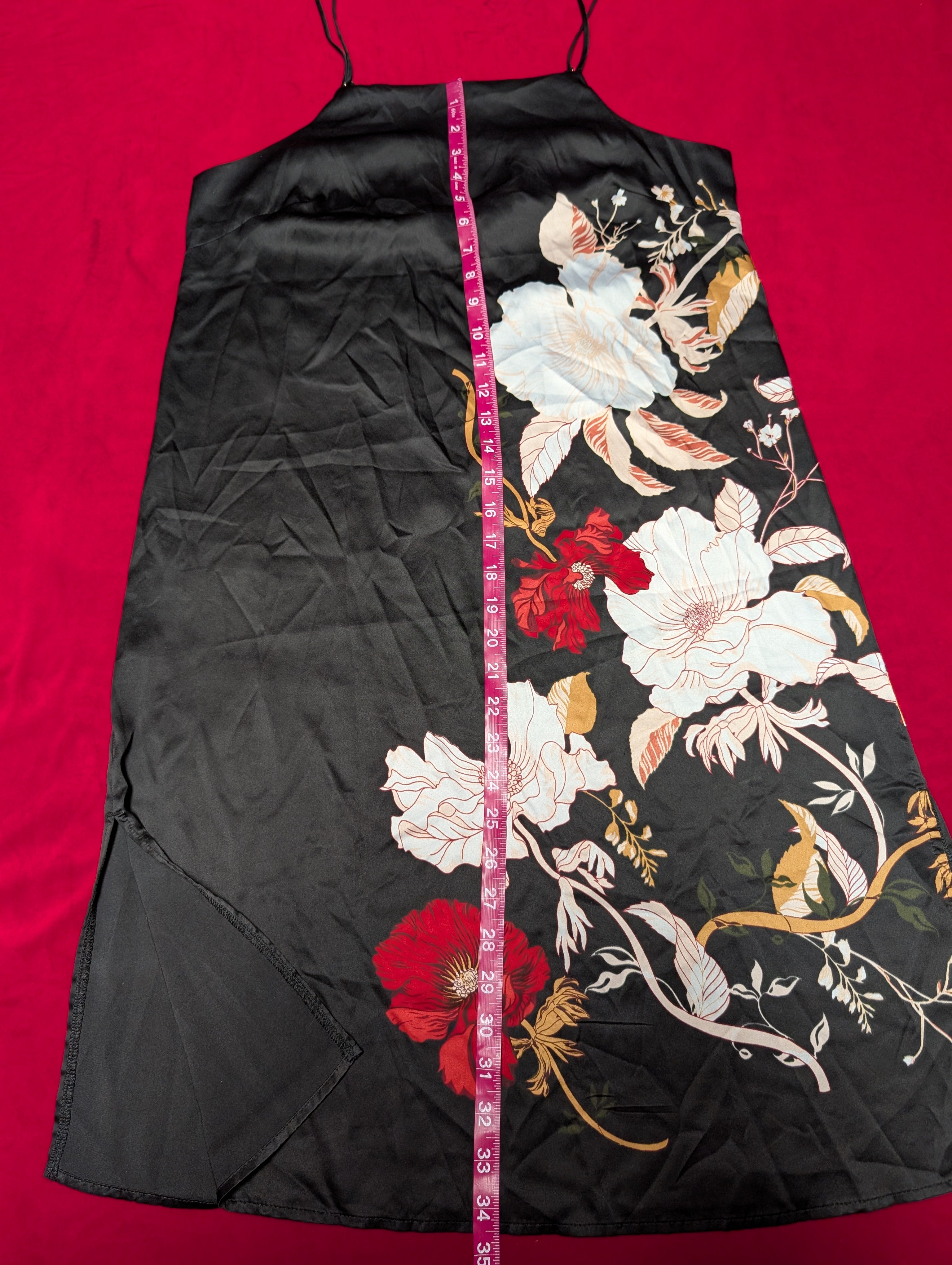 Black Beauty Floral Satin and Lace Slip Dress in Small