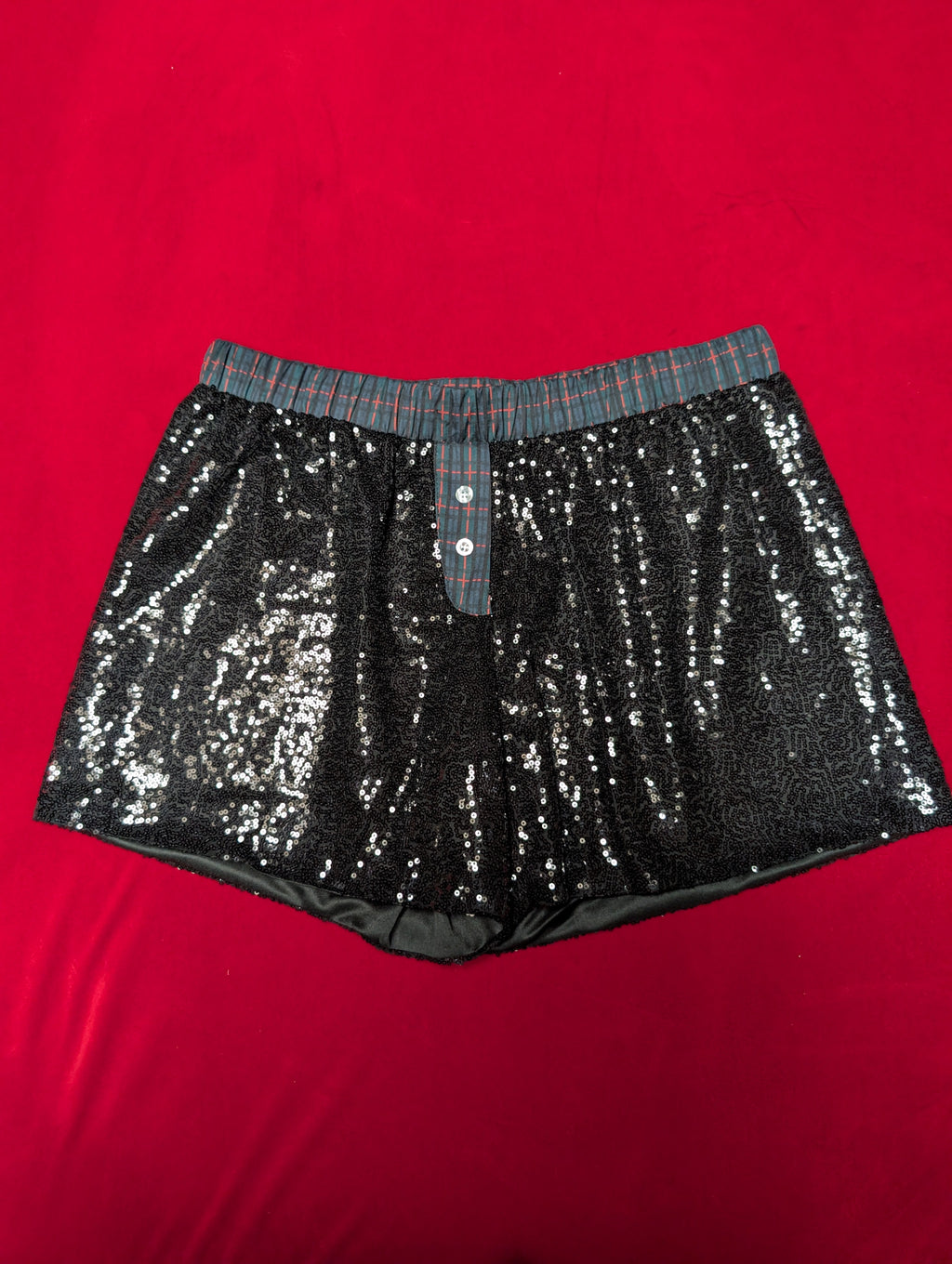 Flirty Black Sequin Plaid Shorts in Large
