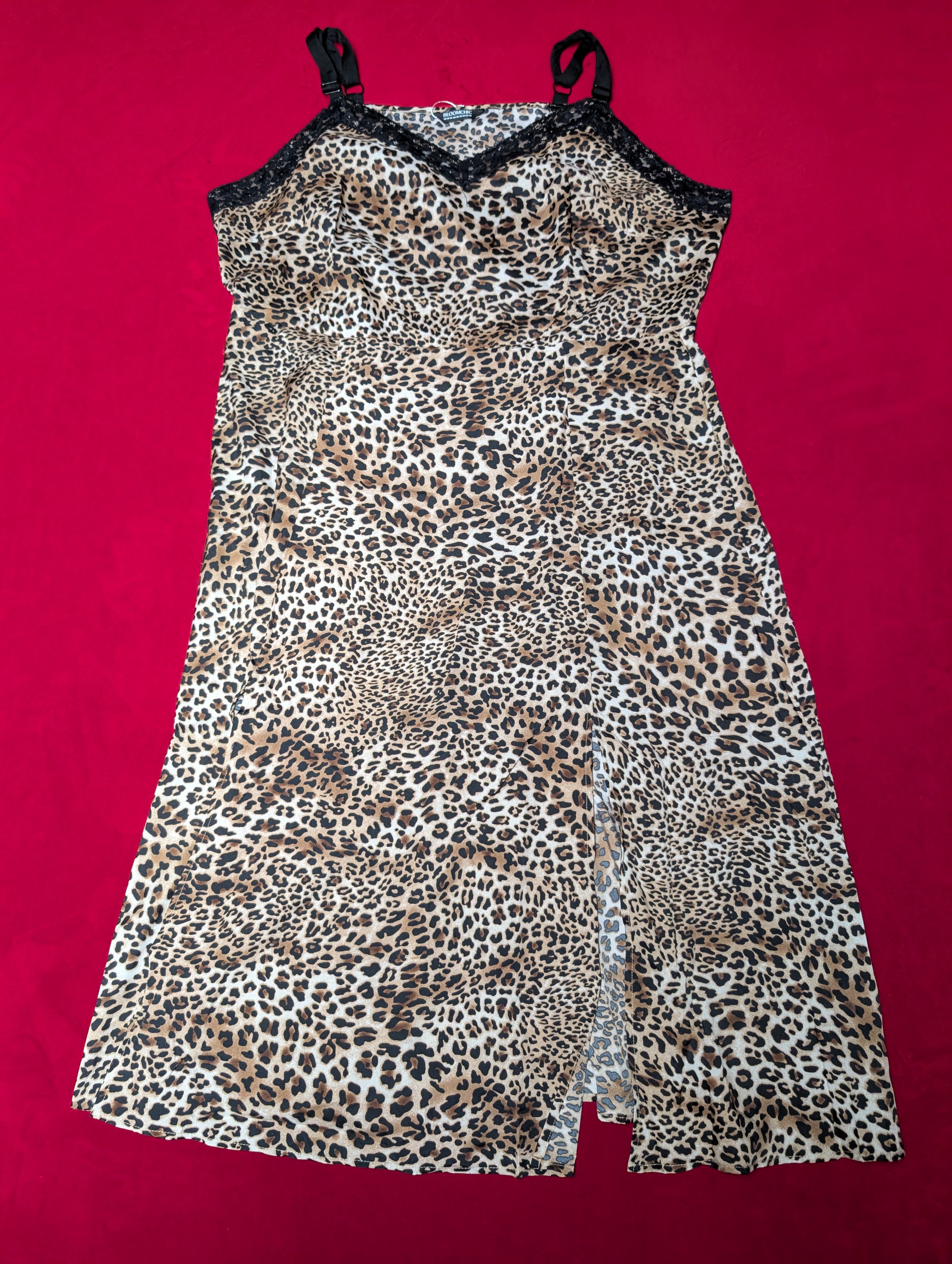 Lace Trim Animal Print Leopard Midi Slip Dress in 22/24