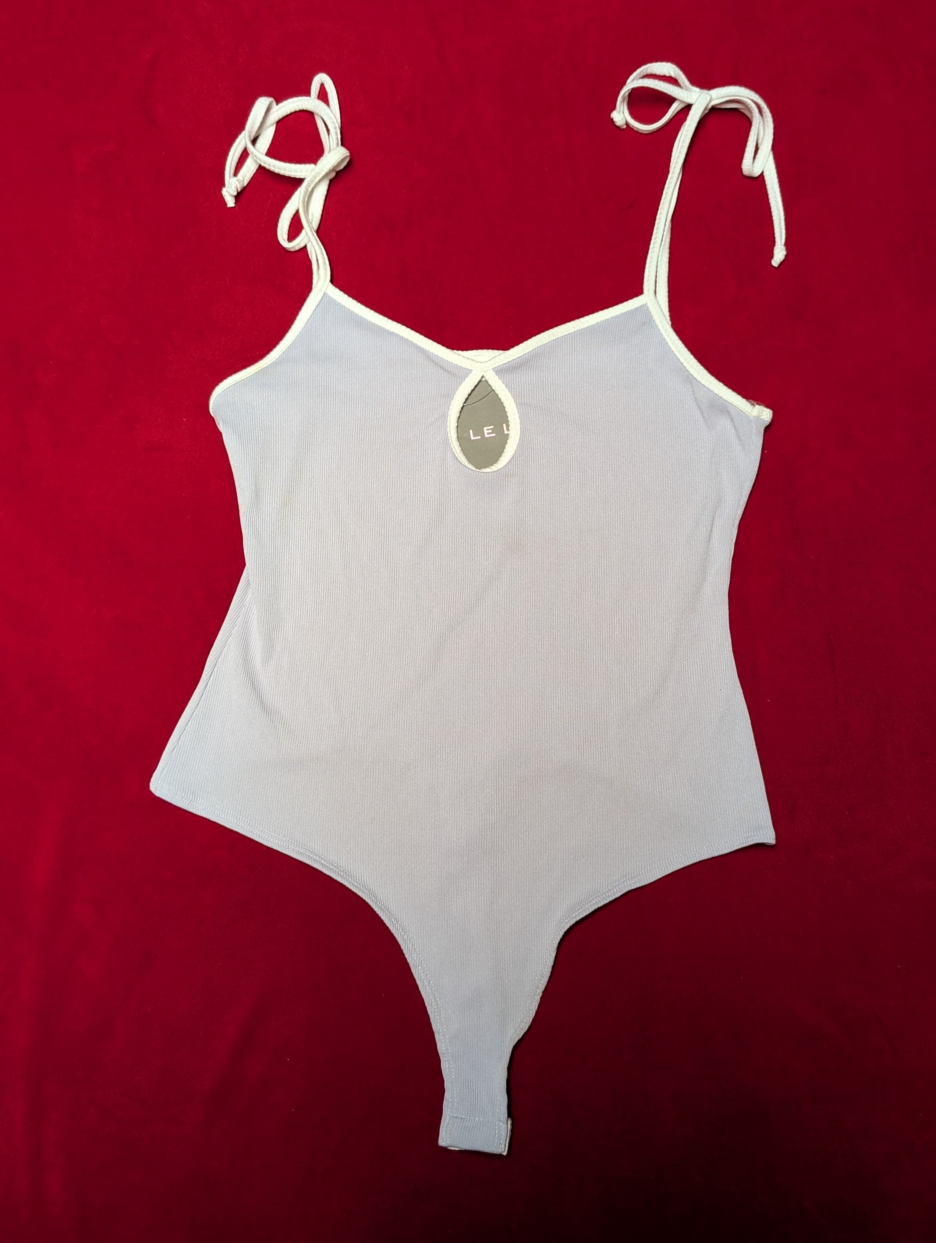 Le Lis Date Day Lavender Tie Ribbed Thong Bodysuit in Large