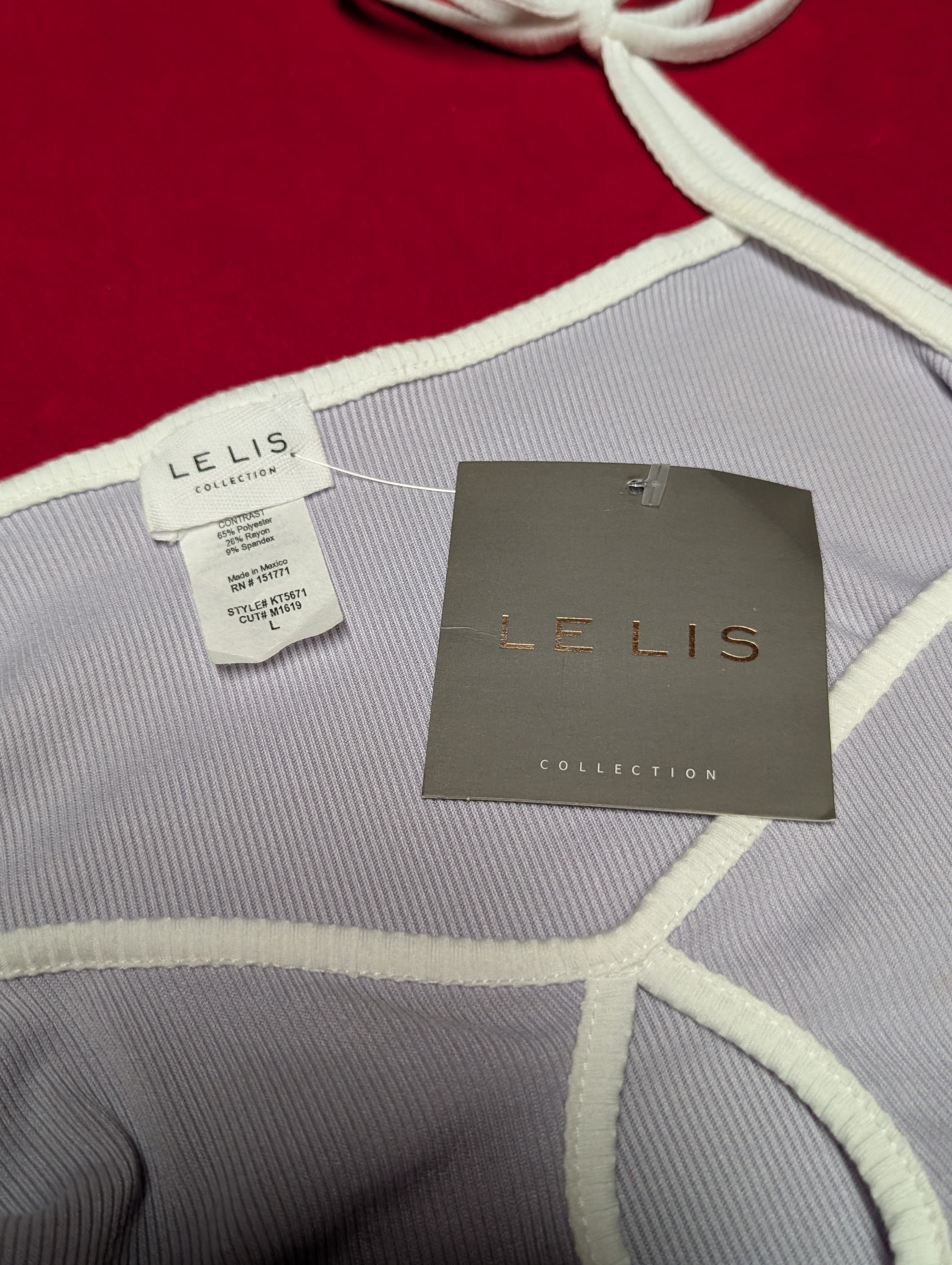Le Lis Date Day Lavender Tie Ribbed Thong Bodysuit in Large