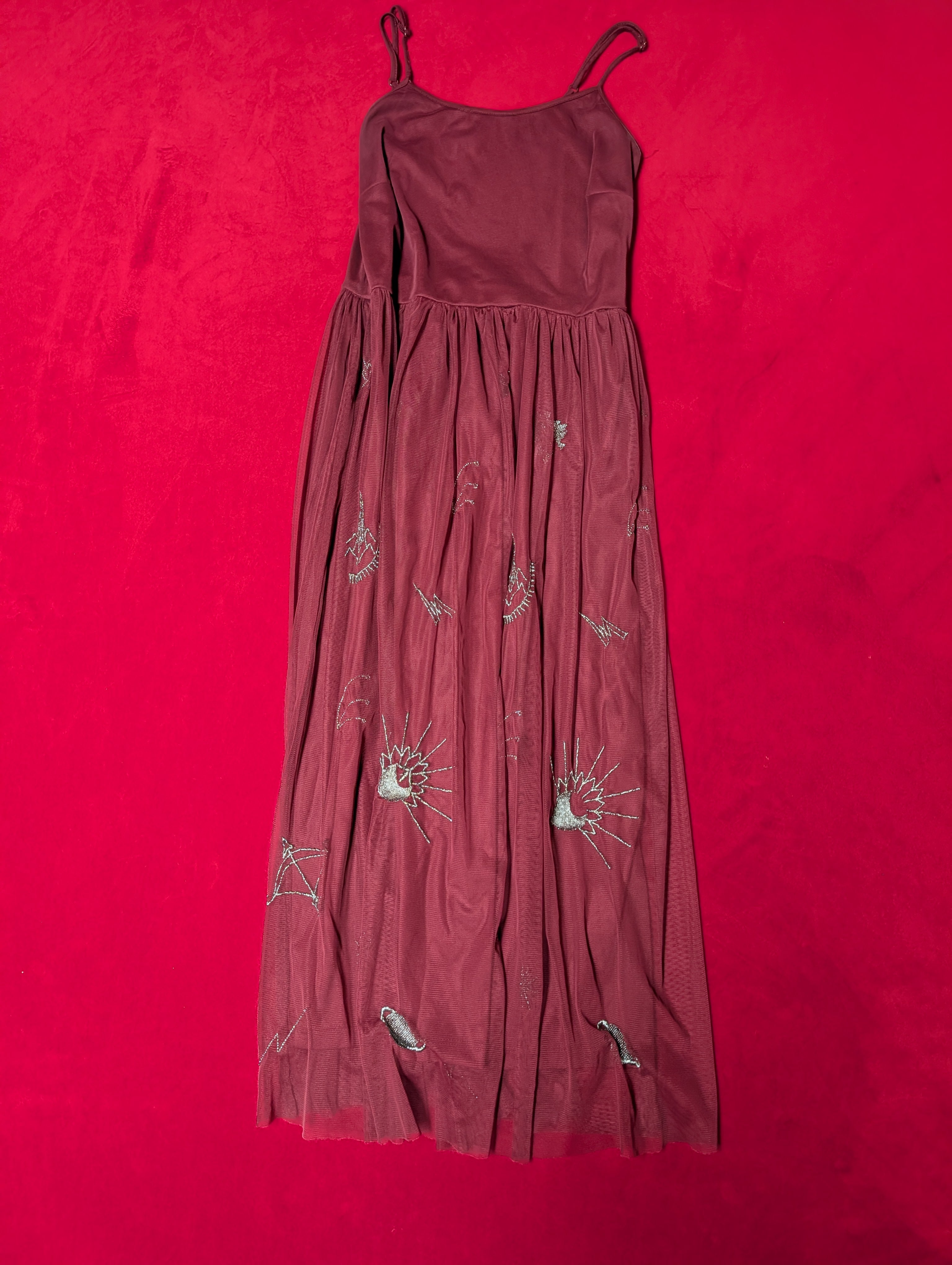 Bongo Celestial Embroidered Burgundy Wine Red Strappy Maxi Dress in Medium