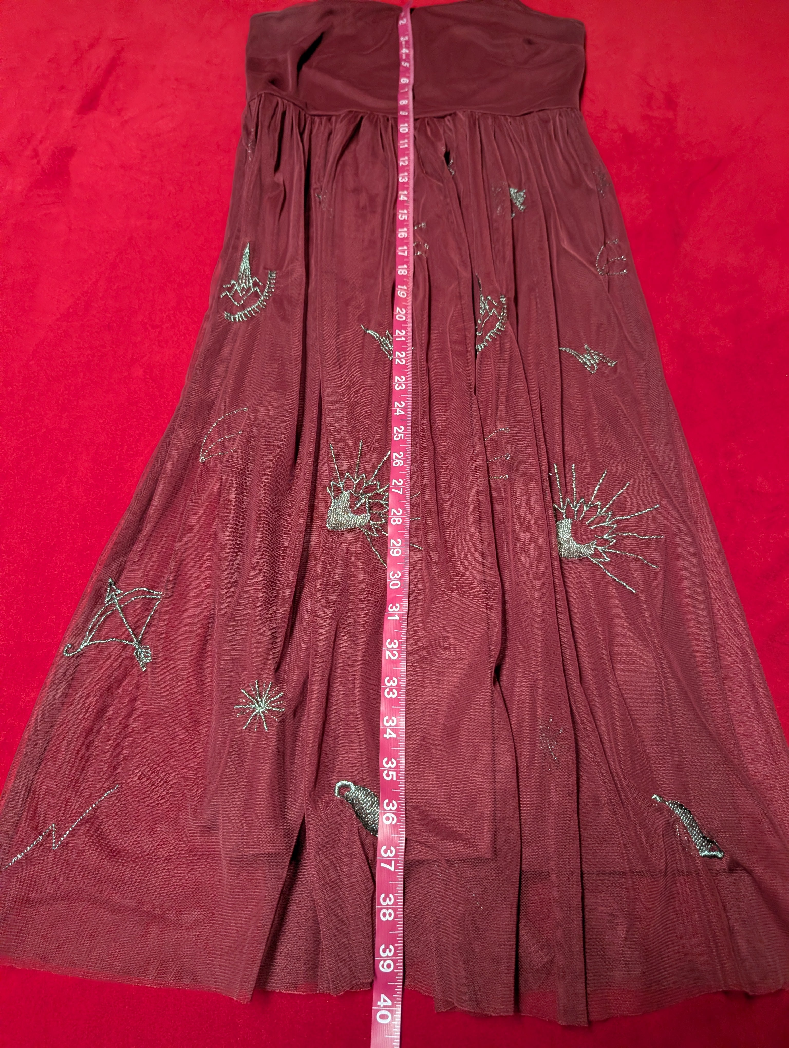 Bongo Celestial Embroidered Burgundy Wine Red Strappy Maxi Dress in Medium