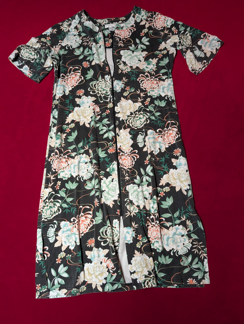 Heavy Zip Front Mandarin Style Floral Robe Nightgown in Large