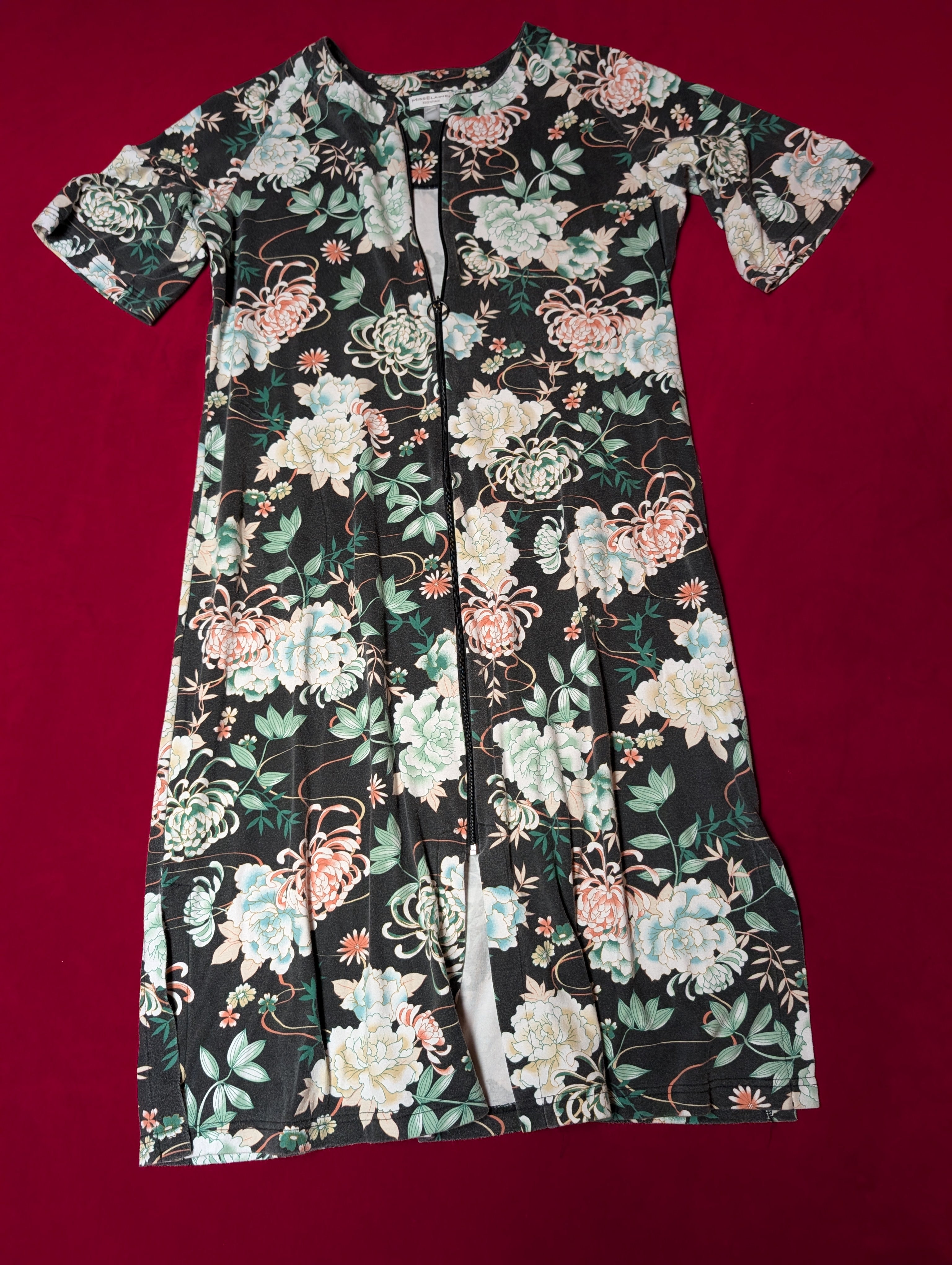 Heavy Zip Front Mandarin Style Floral Robe Nightgown in Large