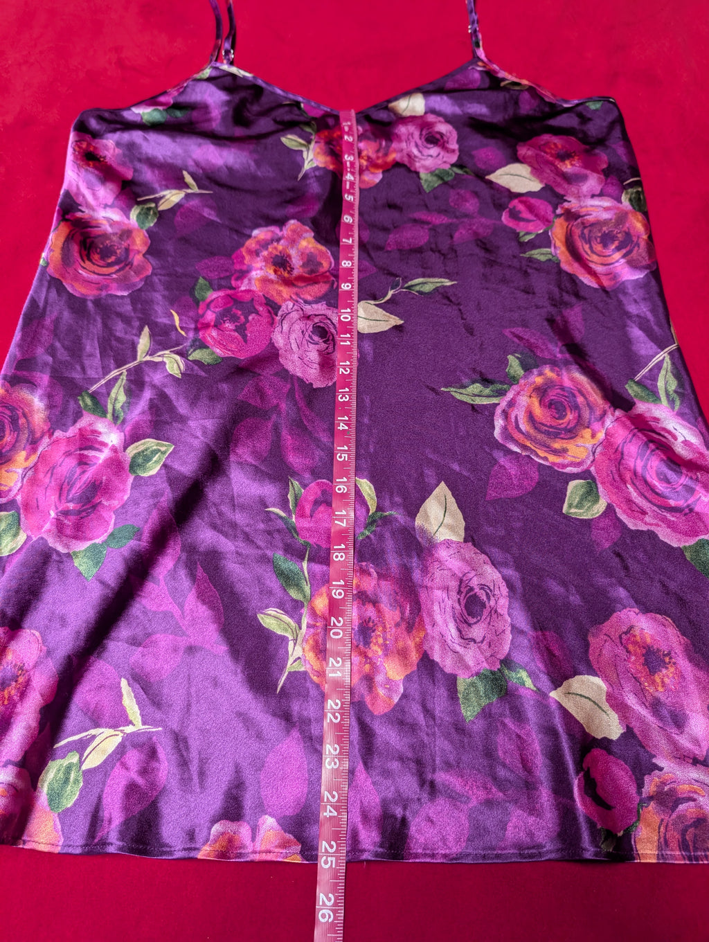 Purple & Pink Roses Floral Satin Mini Slip Dress in XL