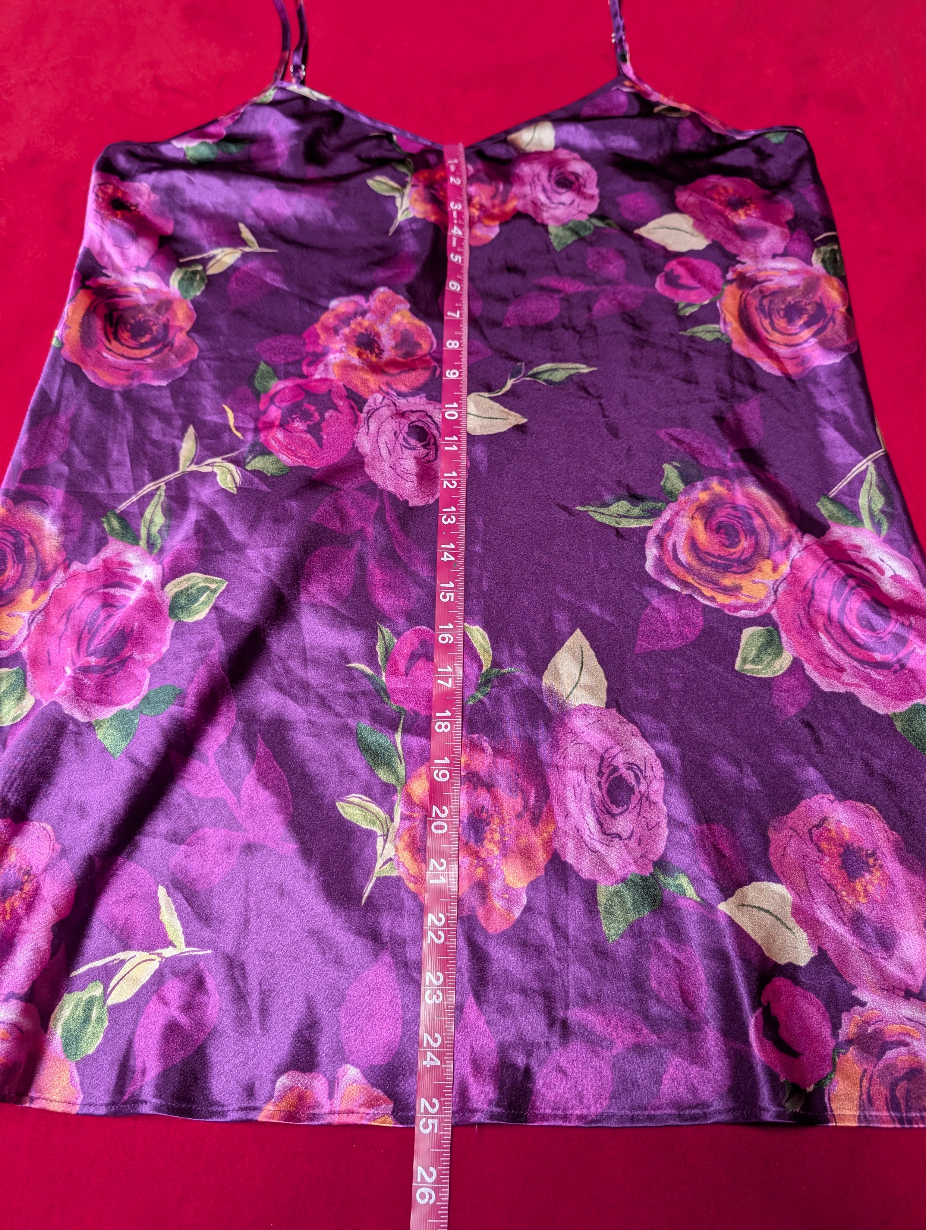 Purple & Pink Roses Floral Satin Mini Slip Dress in XL