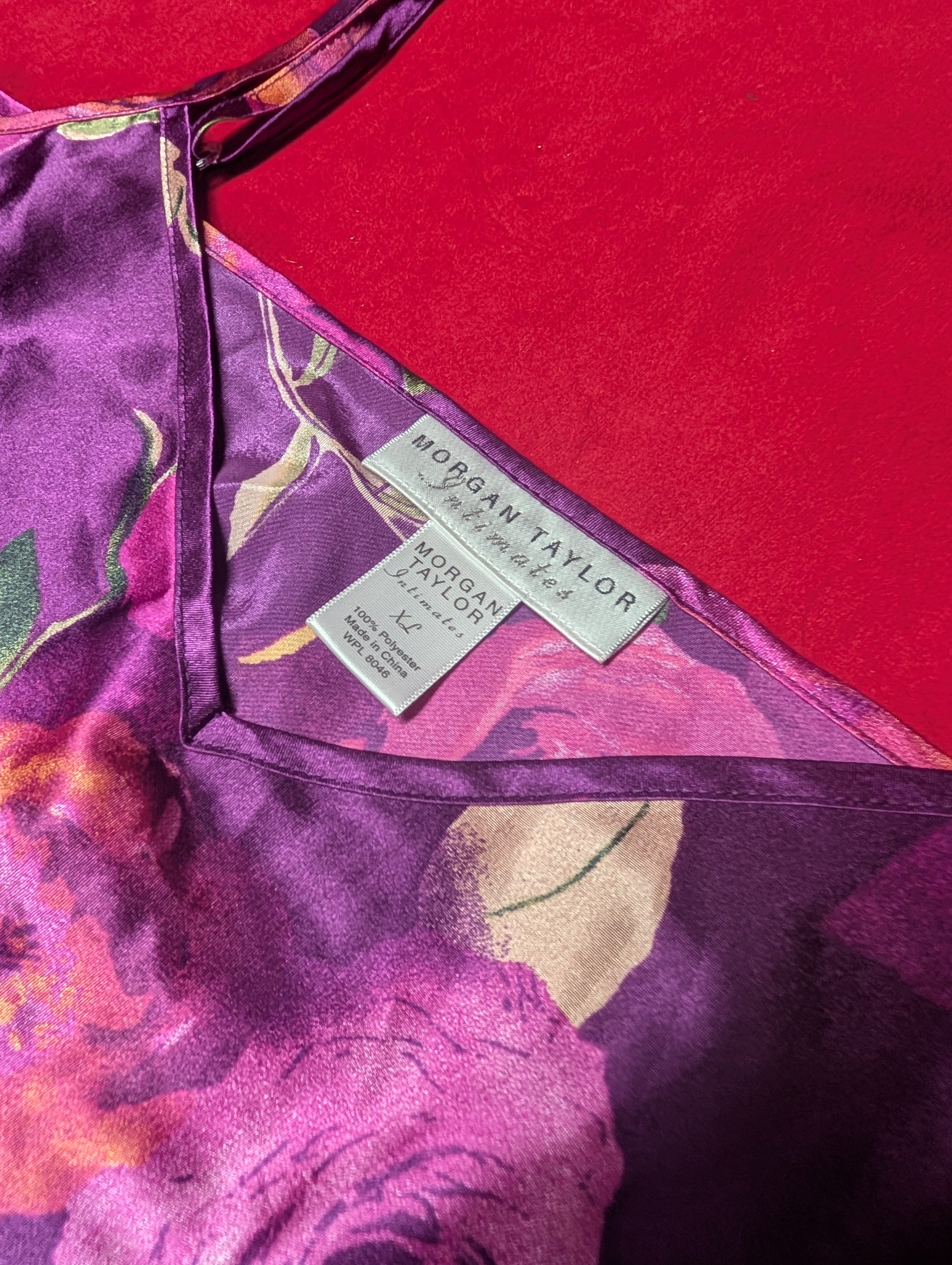 Purple & Pink Roses Floral Satin Mini Slip Dress in XL