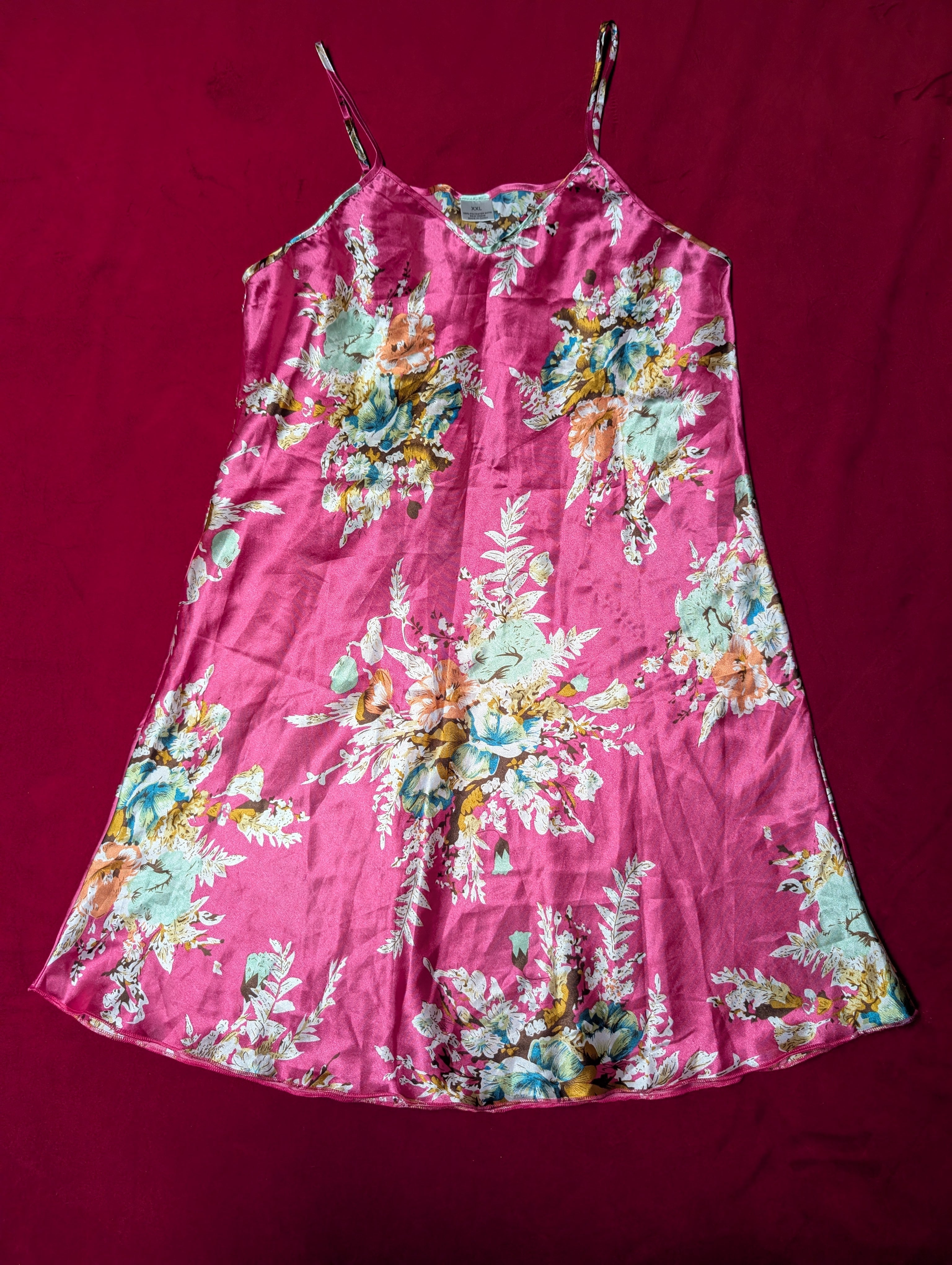 Hot Pink Floral Satin Mini Slip Chemise Dress in 2XL