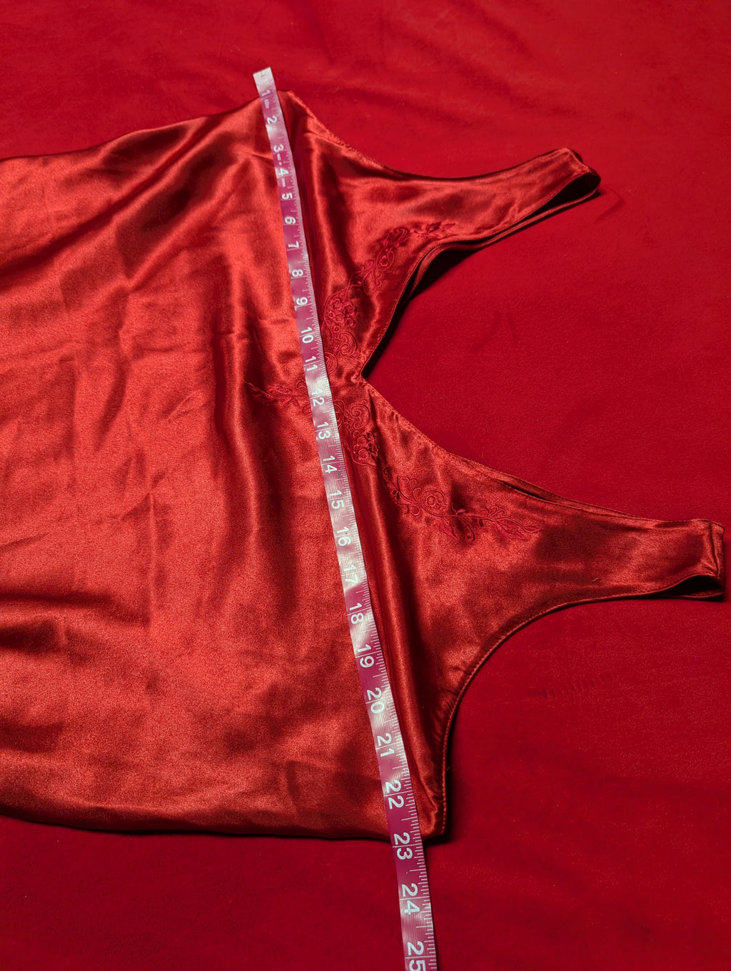 Vintage Red Satin Embroidered Mini Slip Chemise