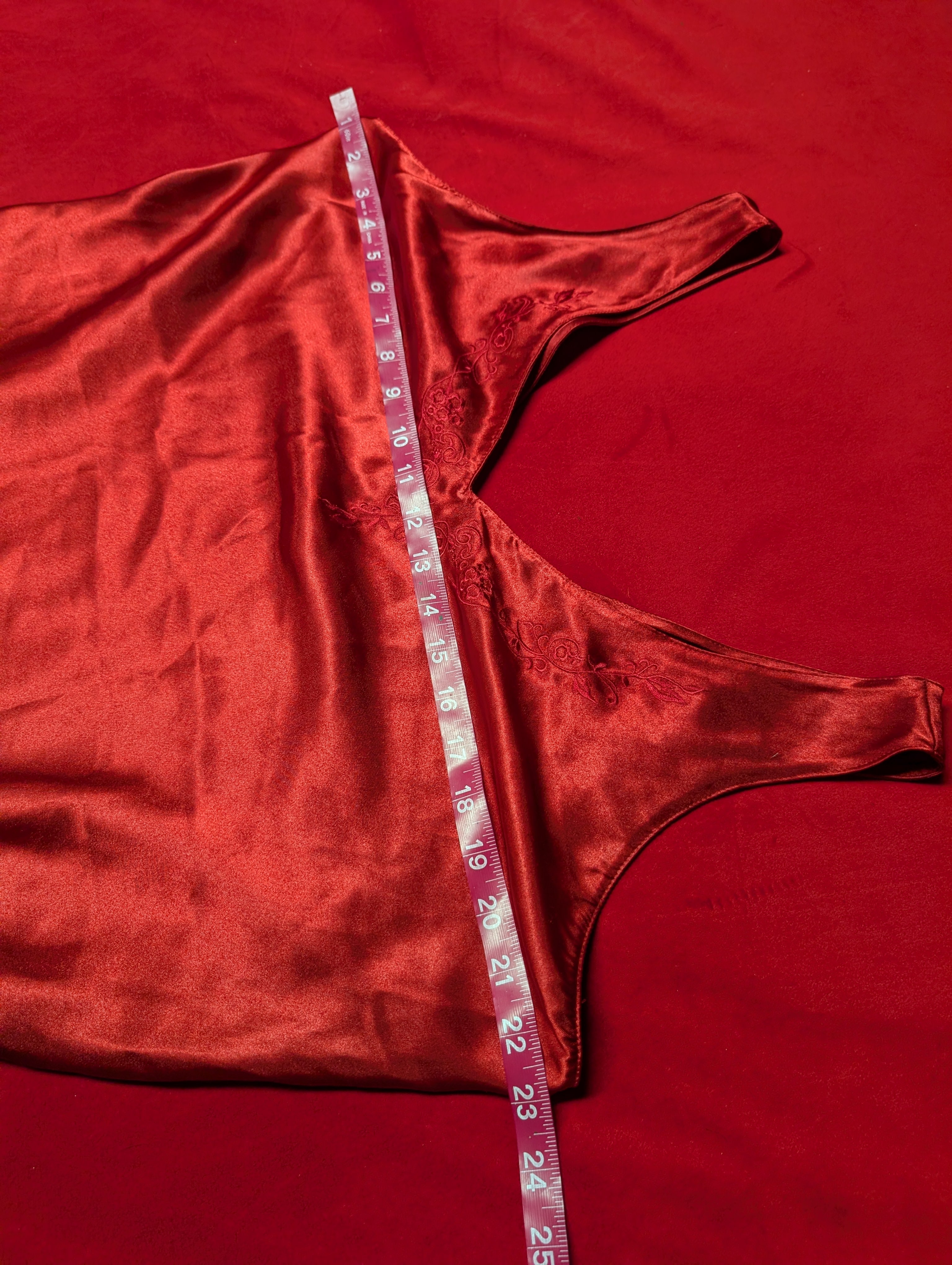 Vintage Red Satin Embroidered Mini Slip Chemise
