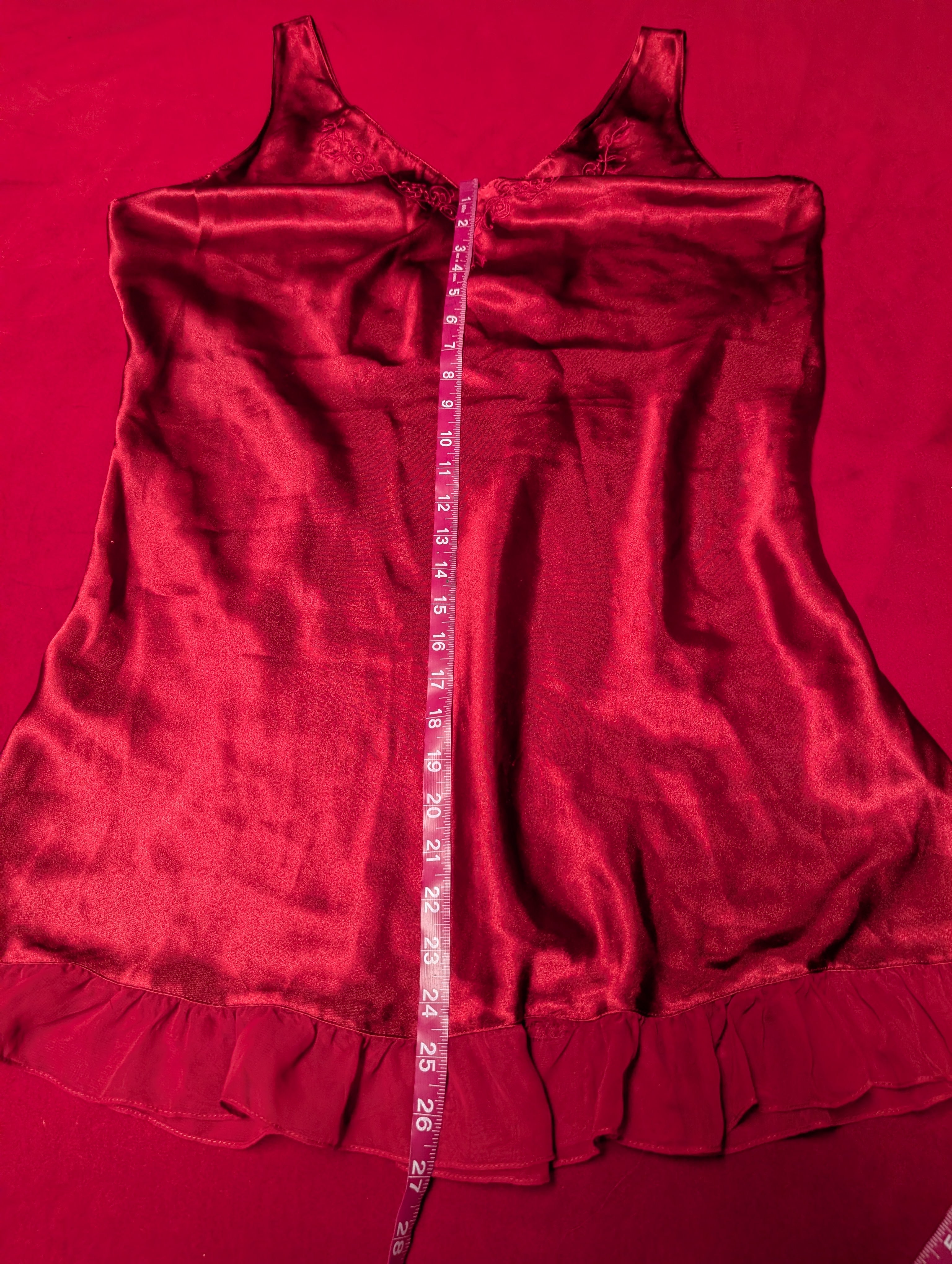 Vintage Red Satin Embroidered Mini Slip Chemise