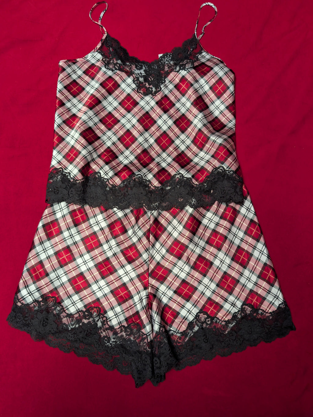 Satin Red & White Plaid Punk Tartan Holiday Short Pajama Set in Large