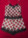 Satin Red & White Plaid Punk Tartan Holiday Short Pajama Set in Large