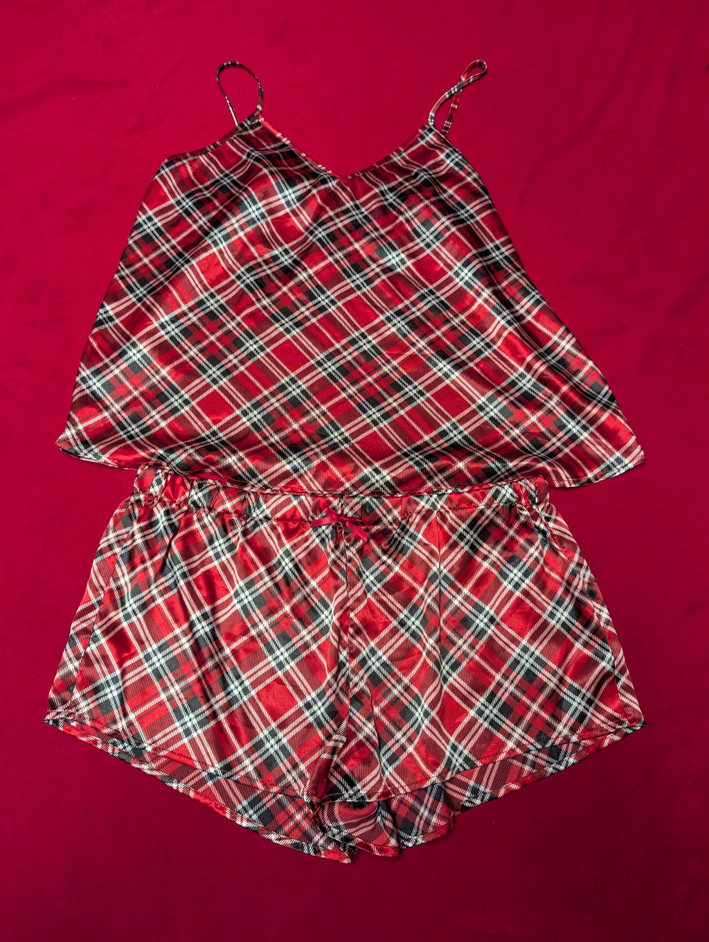 Satin Red Plaid Punk Tartan Holiday Short Pajama Set in Large