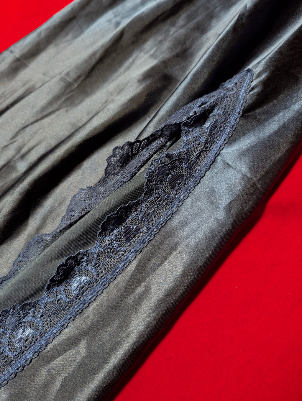 Navy Blue Satin Lace Lined Maxi Slip Dress with Bow in Small