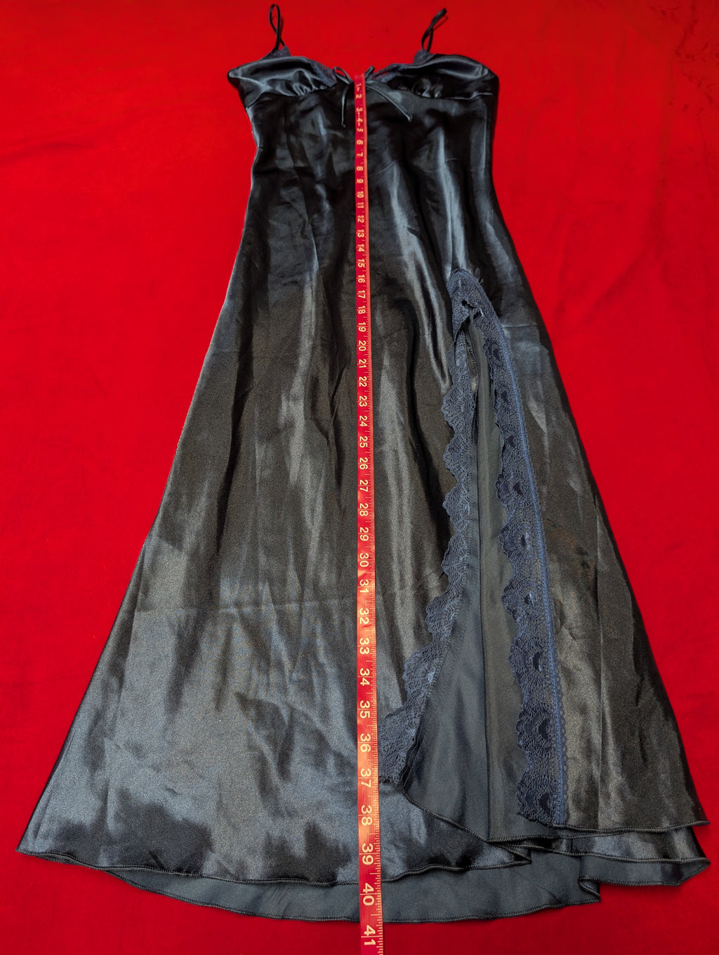 Navy Blue Satin Lace Lined Maxi Slip Dress with Bow in Small