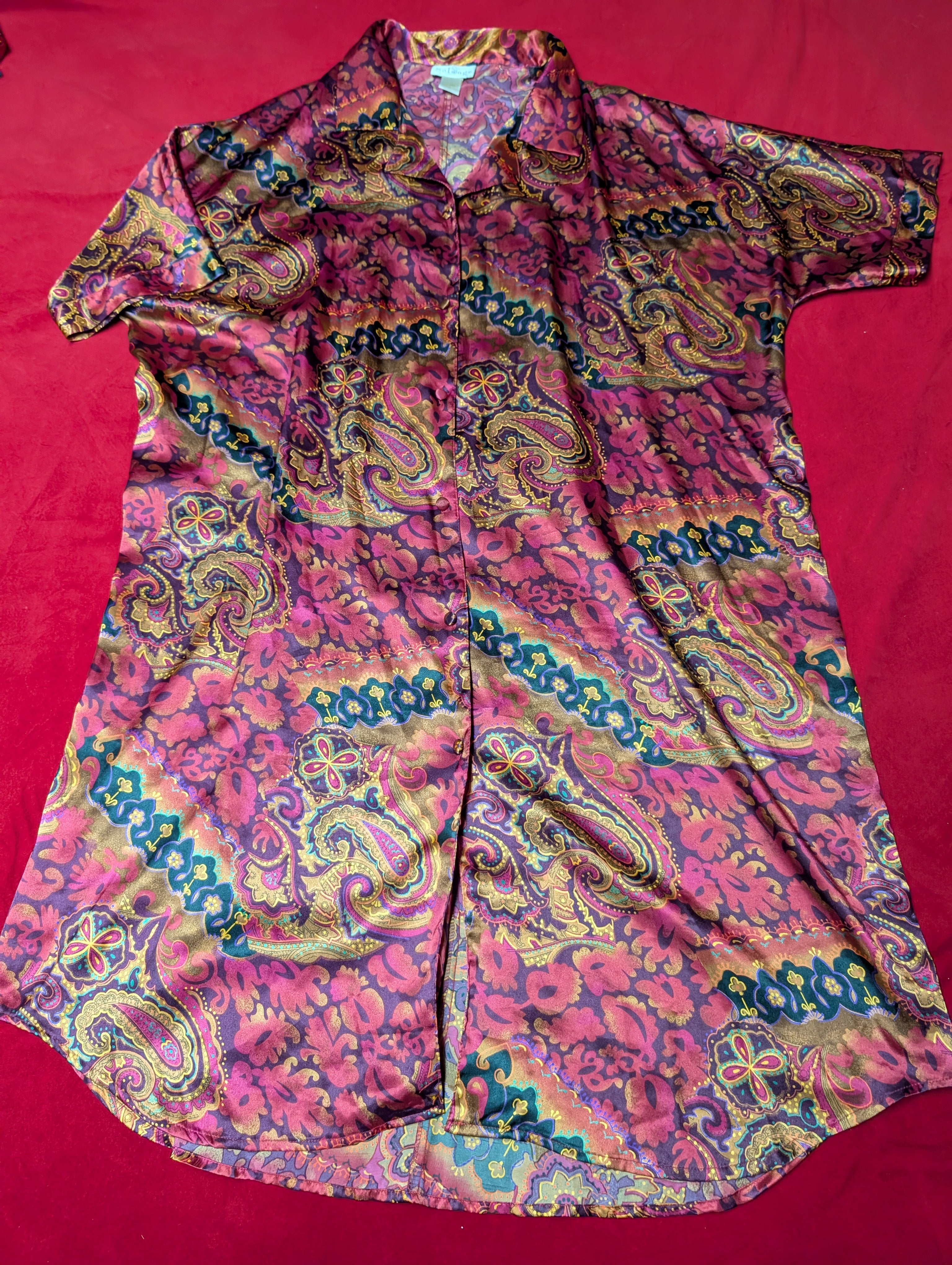Solange Vintage Paisley & Wine Tones Long Button Sleeping Shirt Dress in 3XL
