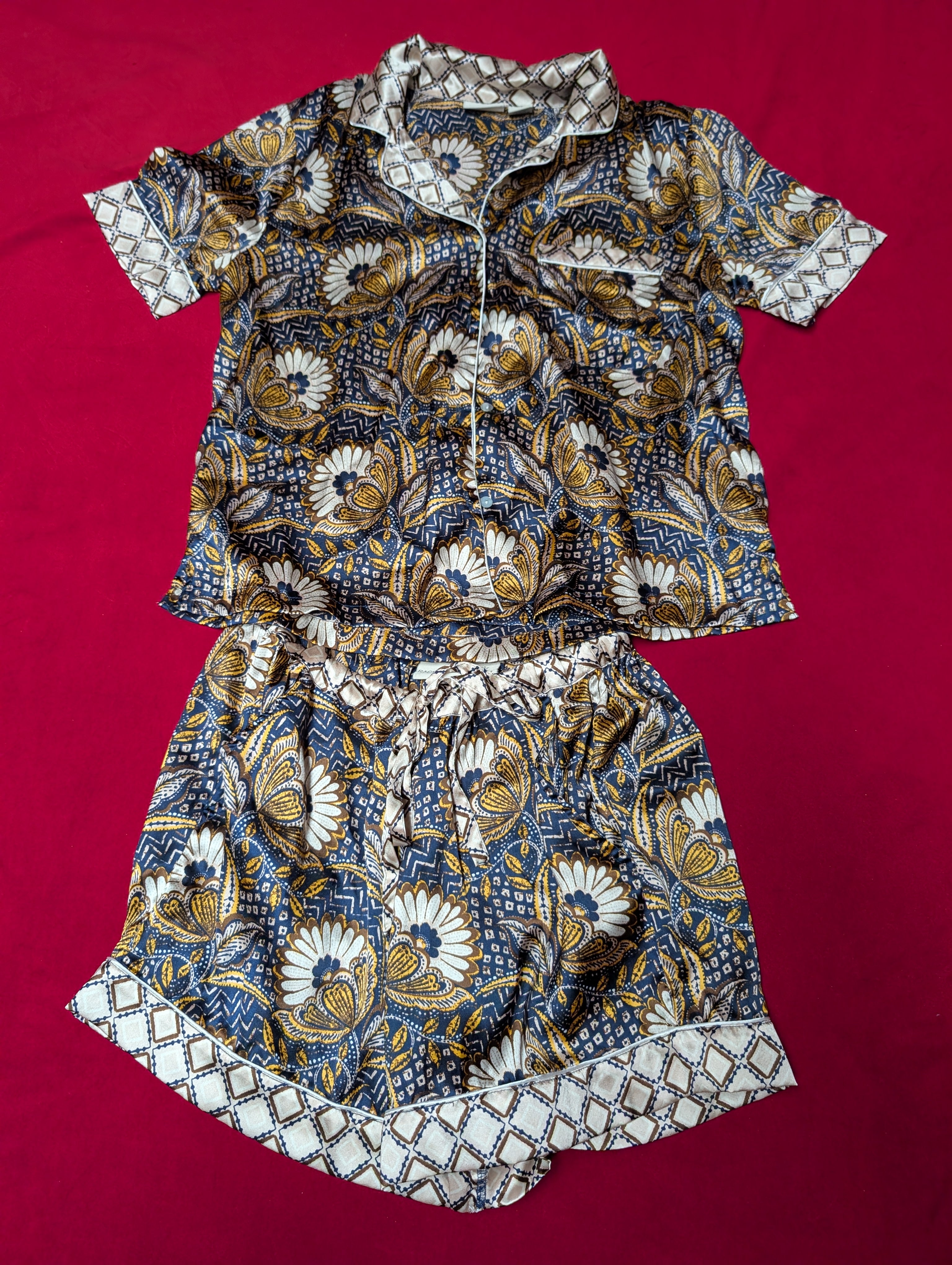 Mosaic Floral Bronze & Blue Short Pajama Set in Small
