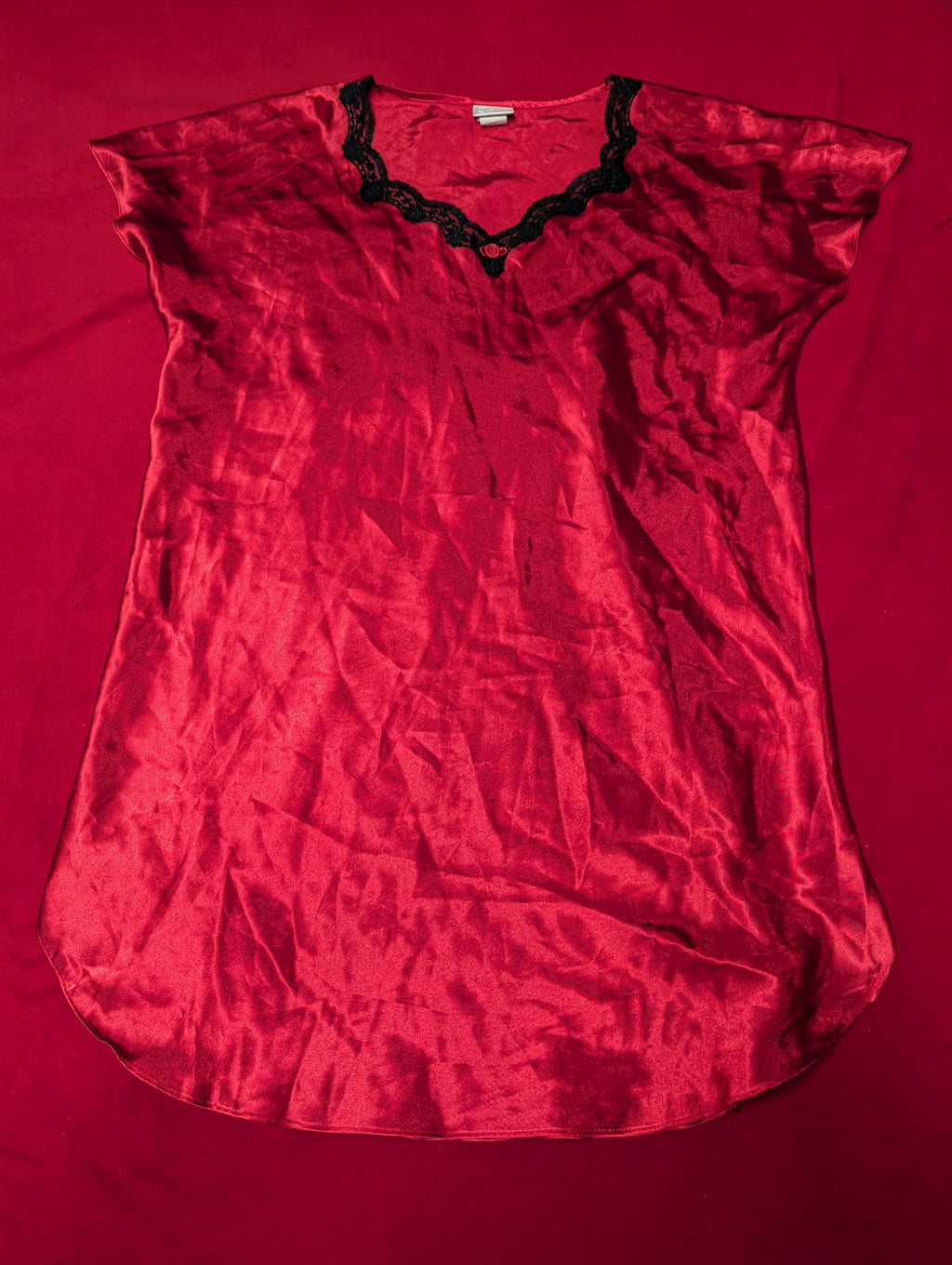 Vintage Red & Black Rosette Short Sleeved Nightgown Dress in Large