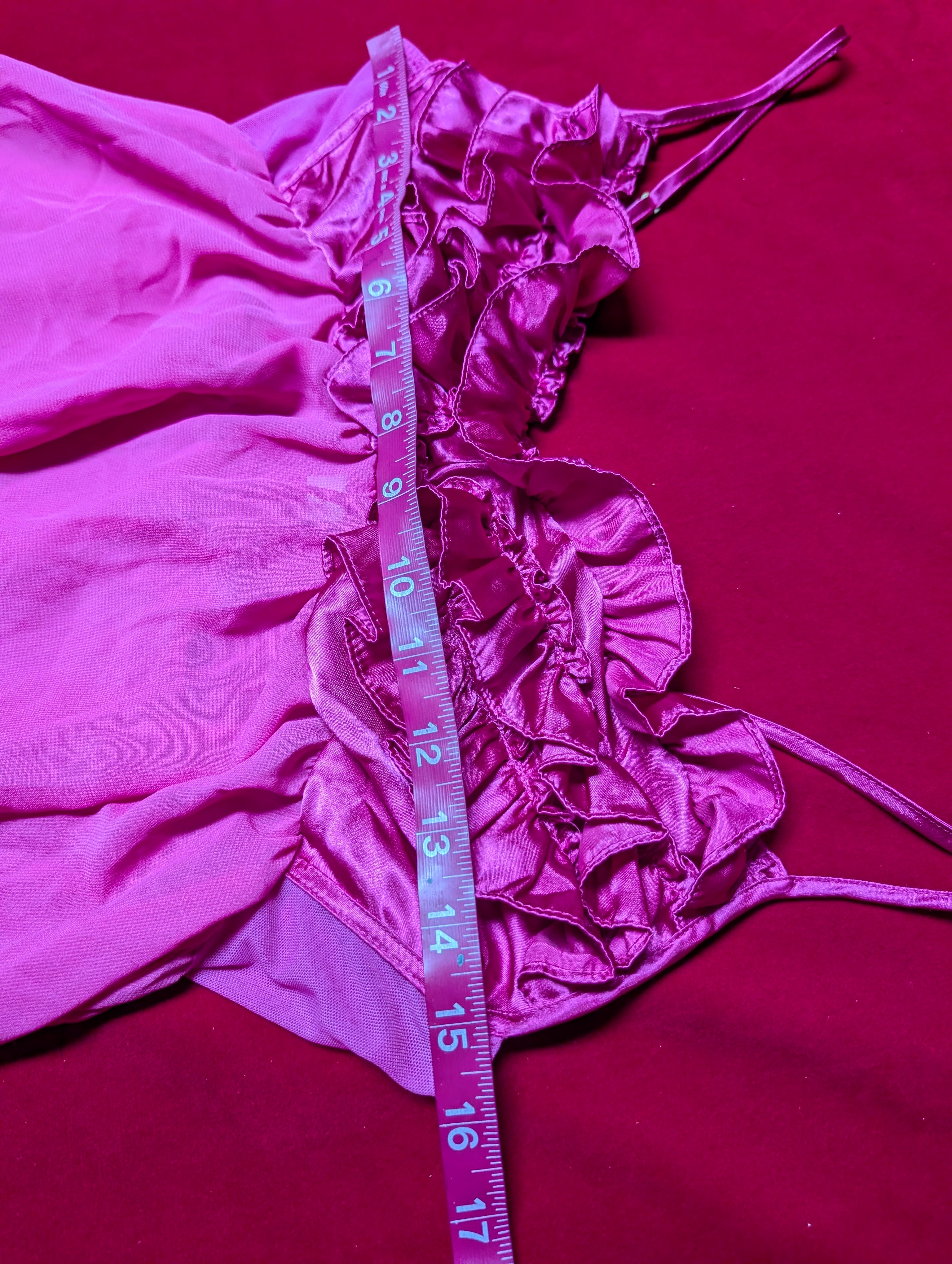 Ambrielle Y2K Fuchsia Pink Ruffle Satin Babydoll Chemise in Medium