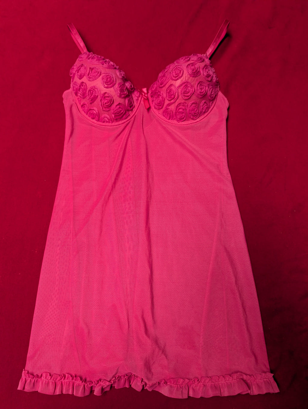 Y2K Fuchsia Pink Rosette Mesh Slip Chemise with Padded Cups in Medium