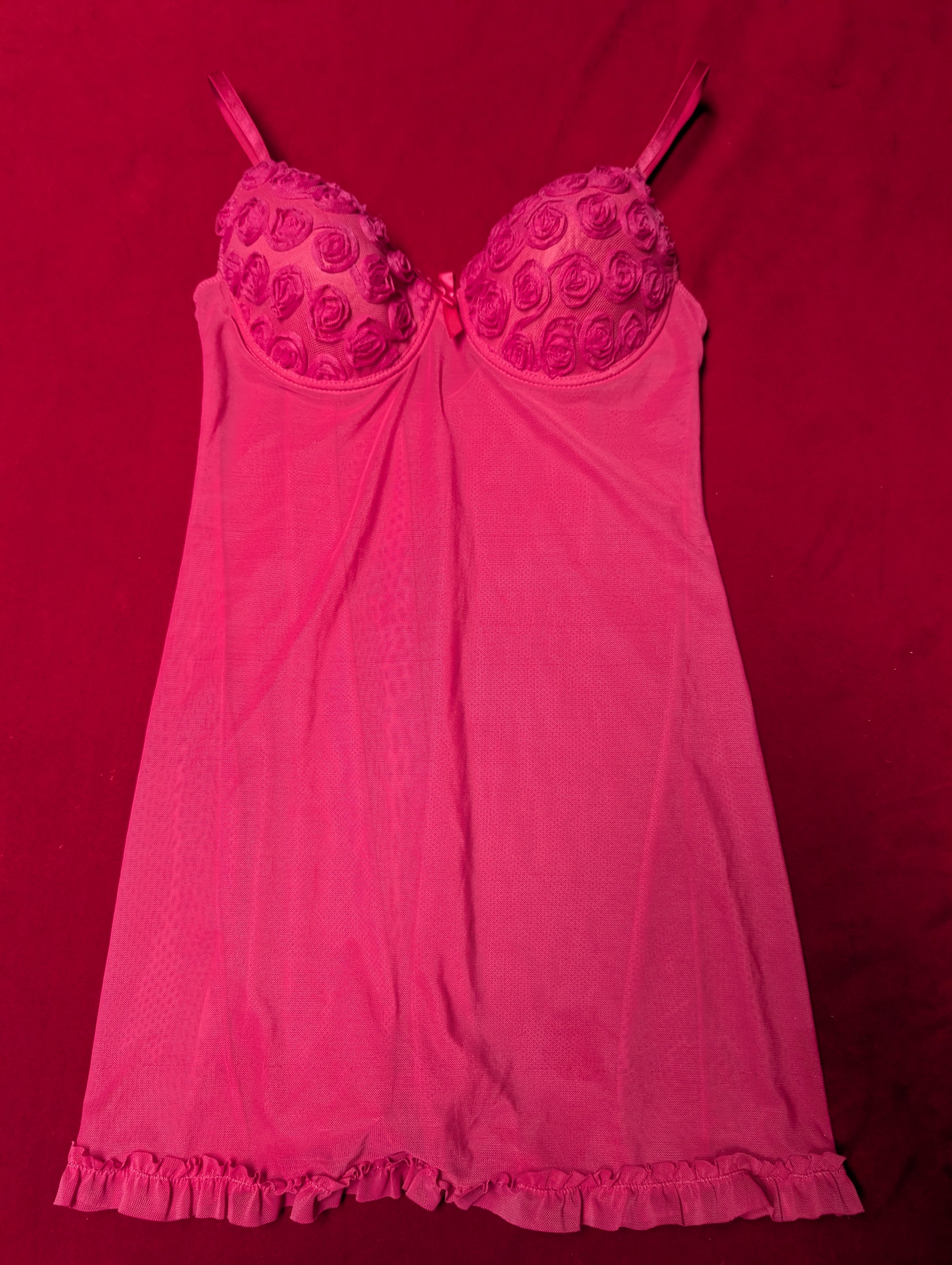 Y2K Fuchsia Pink Rosette Mesh Slip Chemise with Padded Cups in Medium