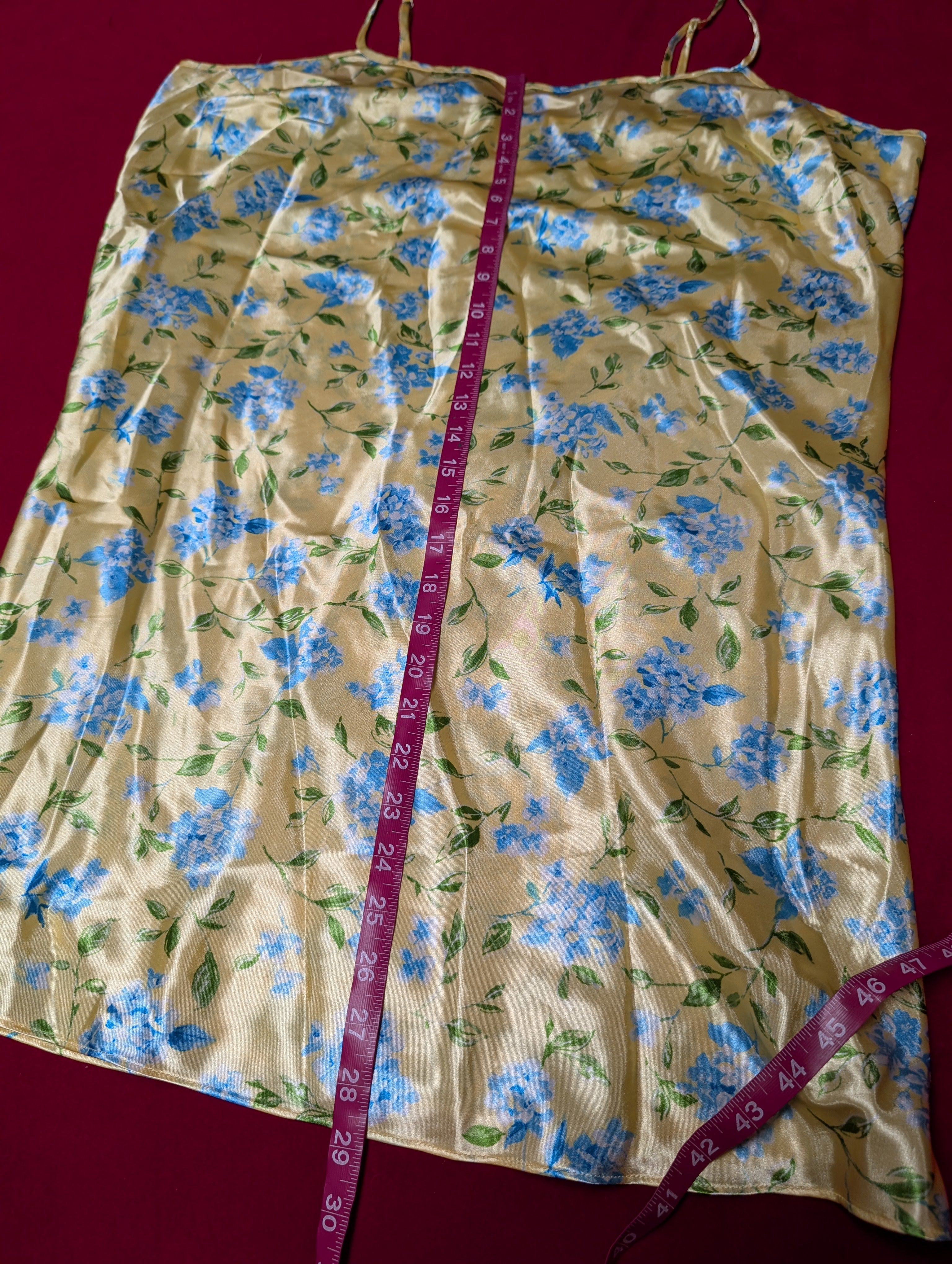Butter Yellow & Blue Floral Satin Slip Chemise in 2XL