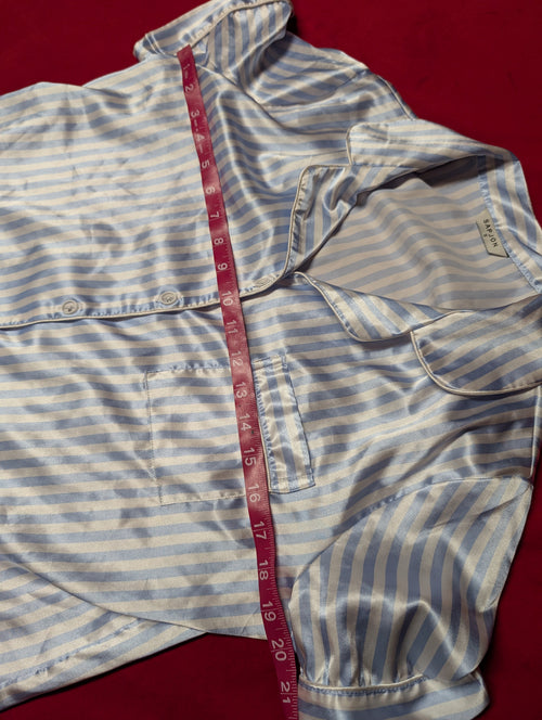 Blue & White Striped Satin Ruffle Short Pajamas in Small