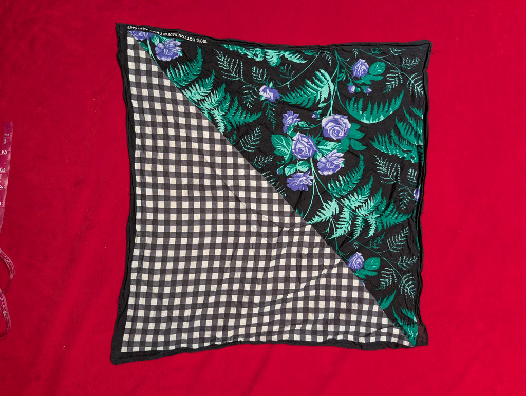 Purple Rose & Black Gingham Plaid Handkerchief Head Scarf
