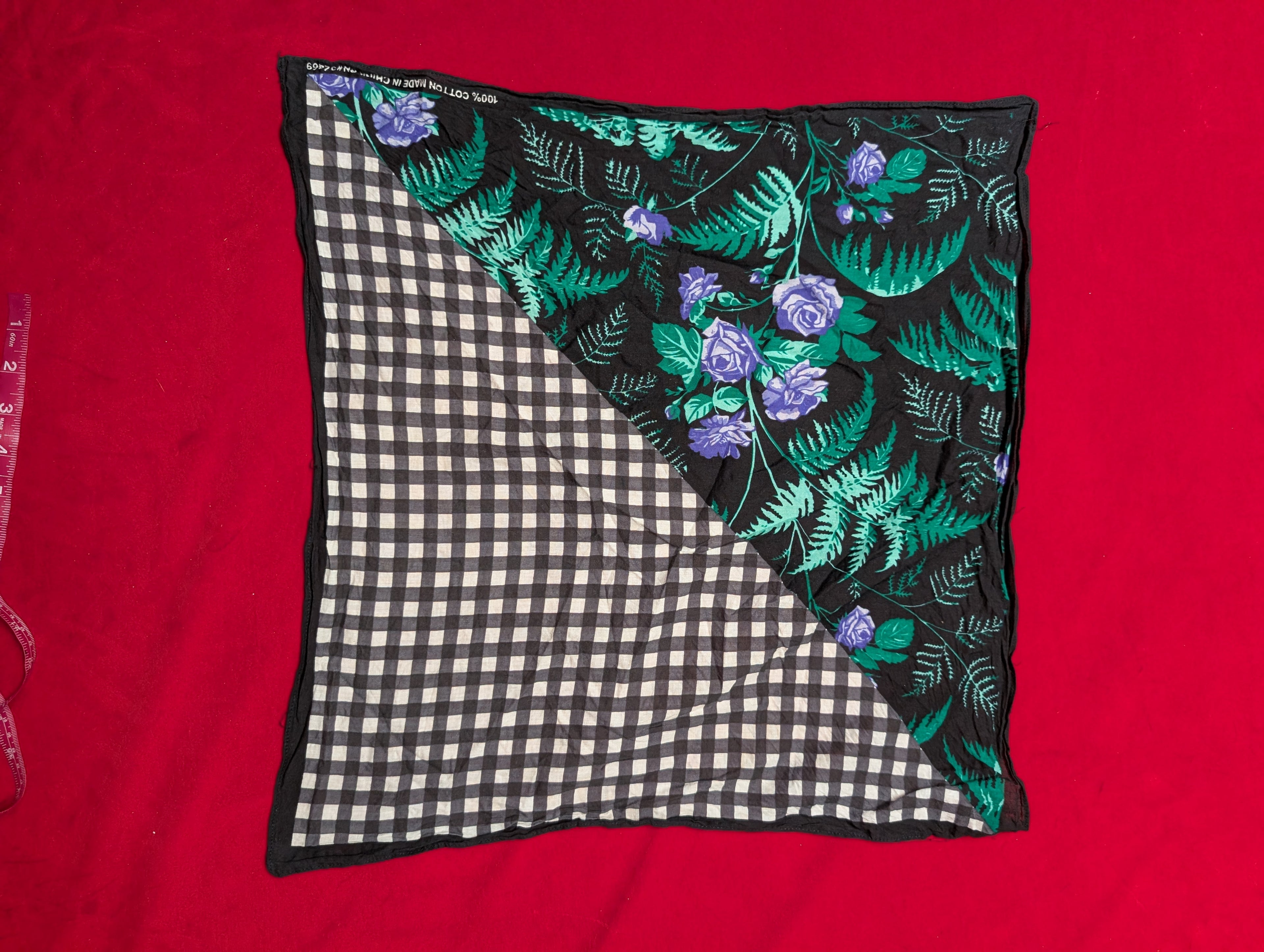 Purple Rose & Black Gingham Plaid Handkerchief Head Scarf