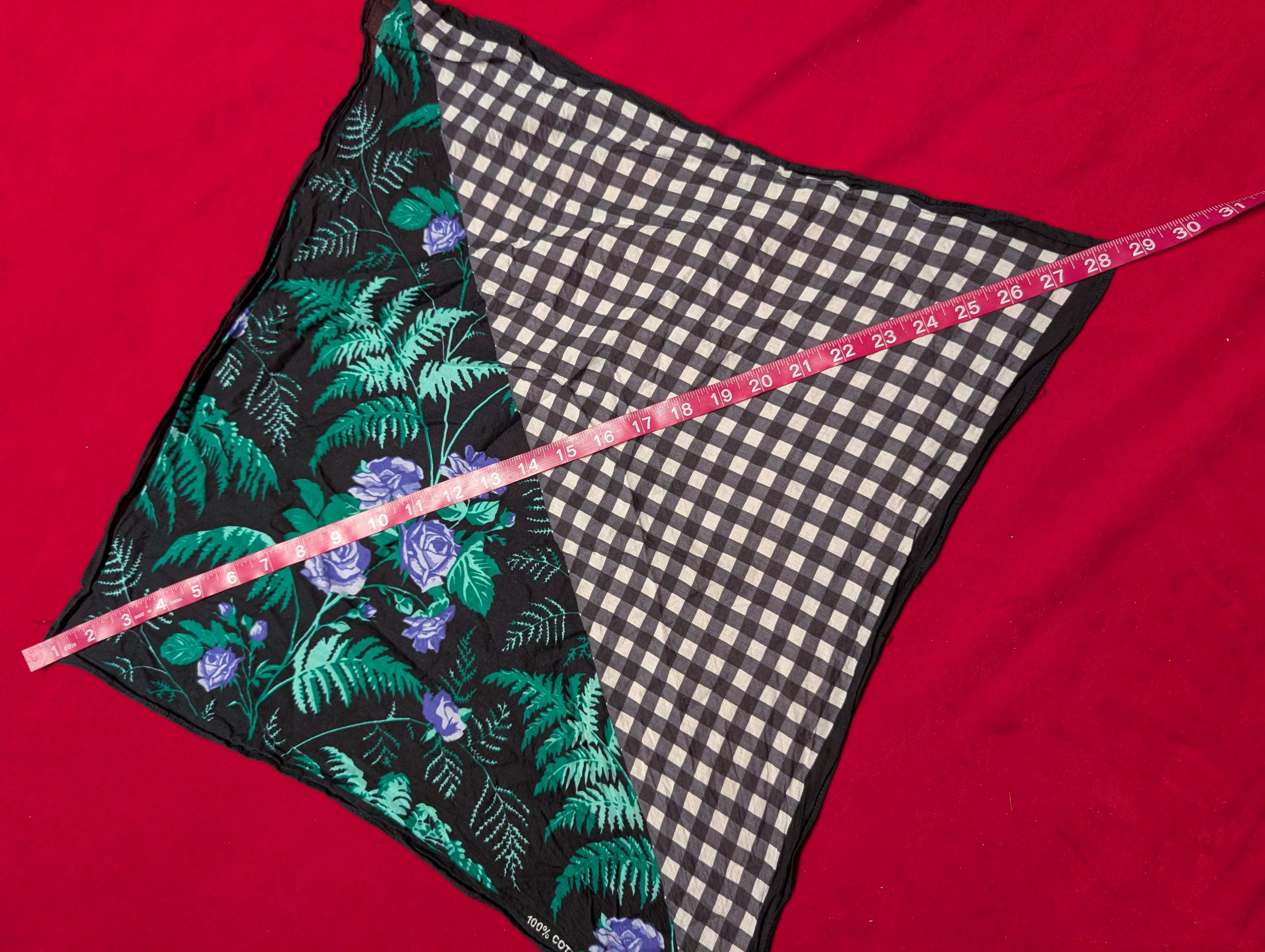 Purple Rose & Black Gingham Plaid Handkerchief Head Scarf