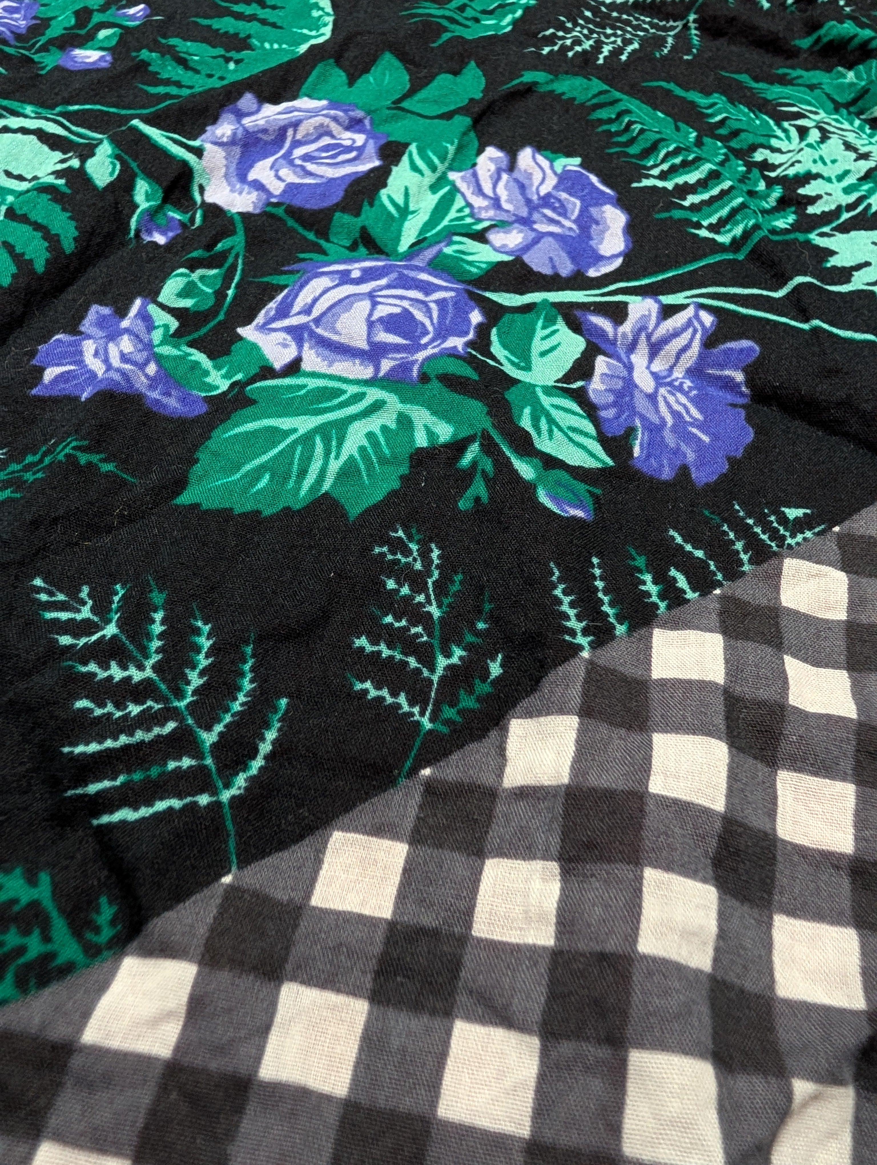 Purple Rose & Black Gingham Plaid Handkerchief Head Scarf